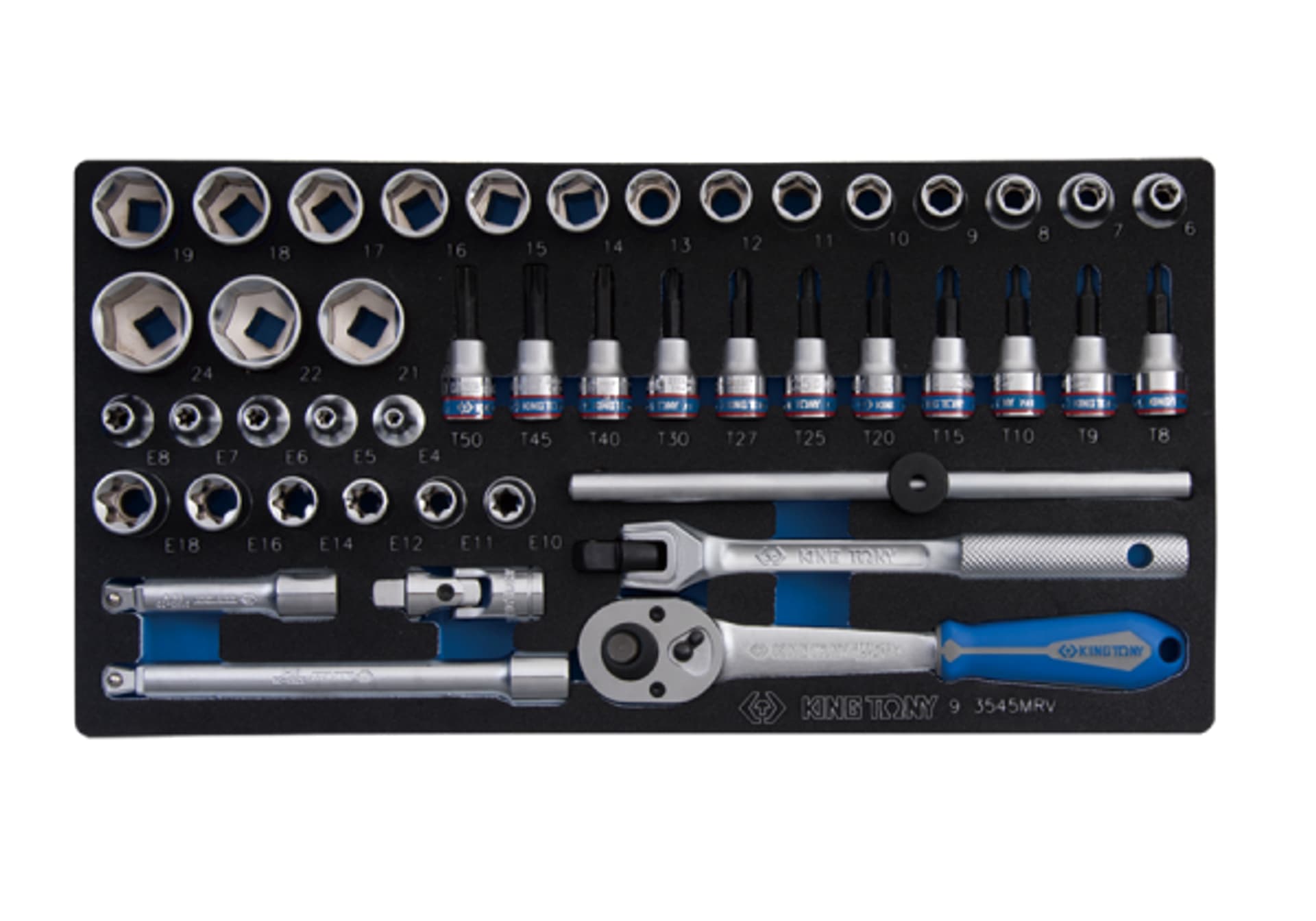 

ZESTAW NASADEK 3/8" 45cz. KRÓTKIE 6-kąt.6-24mm, Z AKCESORIAMI, WKŁAD Z PIANKI EVA DO WÓZKA King Tony