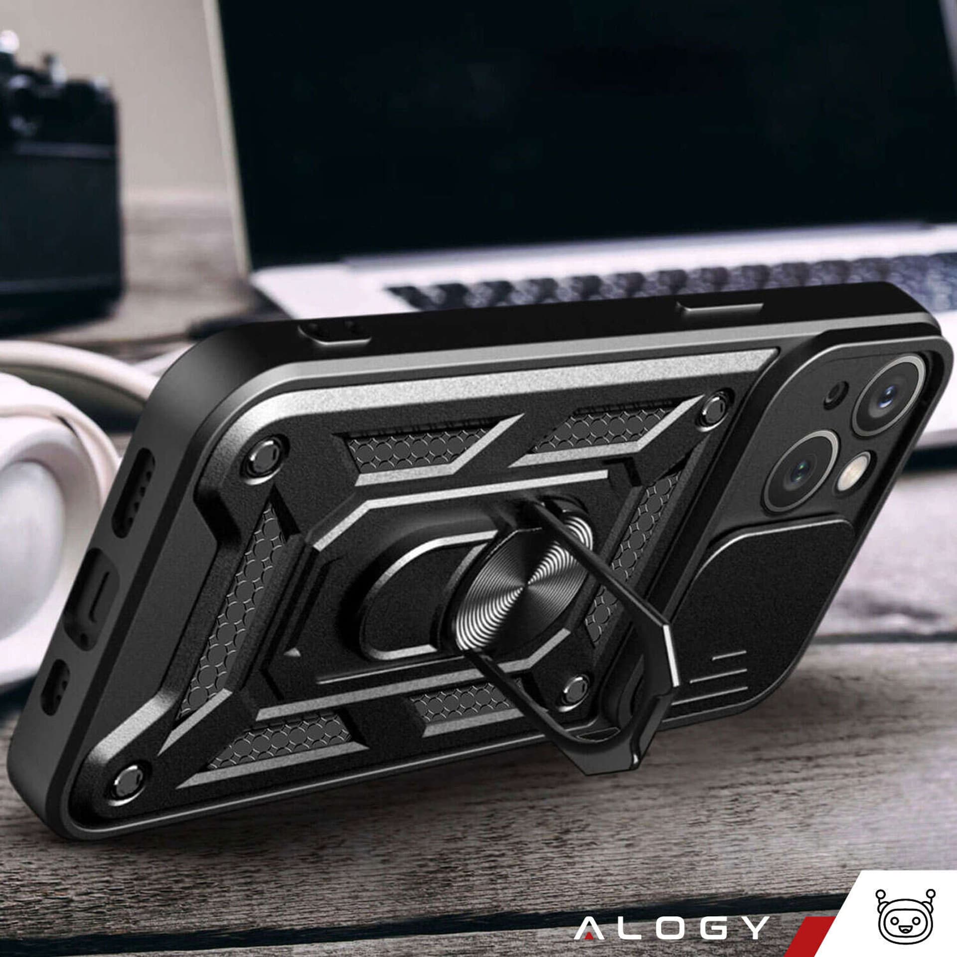 

Etui pancerne do iPhone 15 Camshield Case Ring Alogy Stand z osłonką na aparat slide czarne