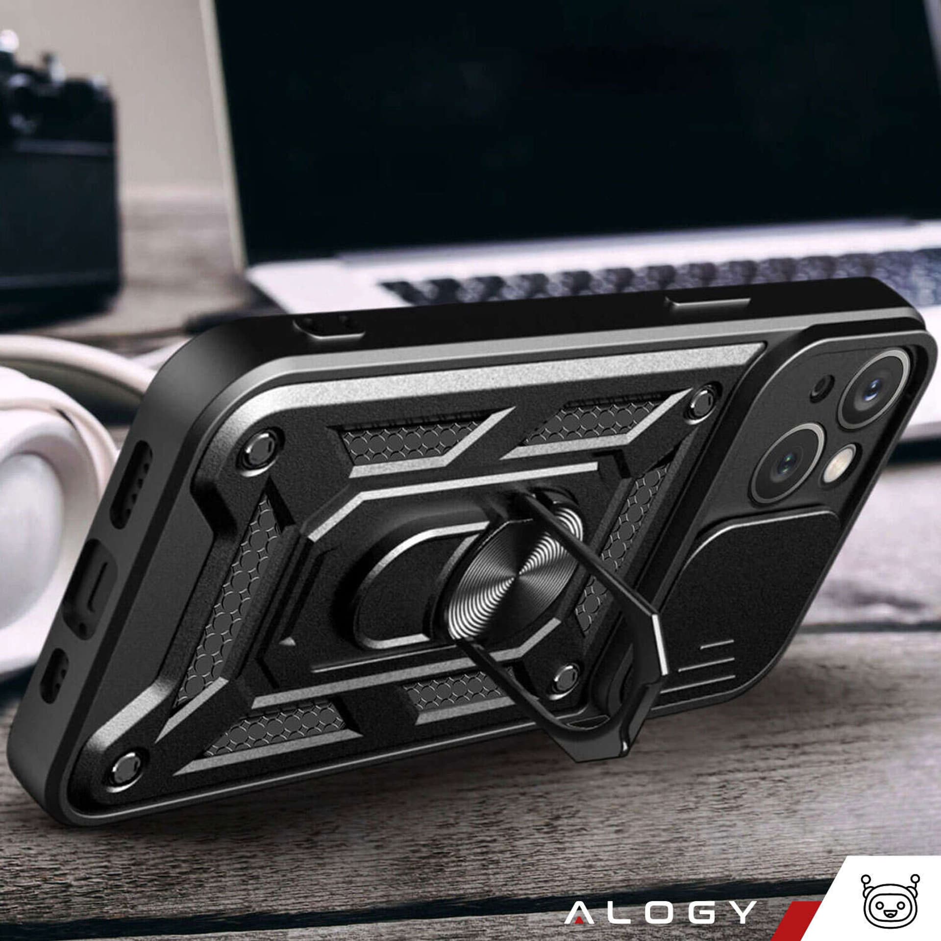 

Etui pancerne do iPhone 15 Plus Camshield Case Ring Alogy Stand z osłonką na aparat slide czarne