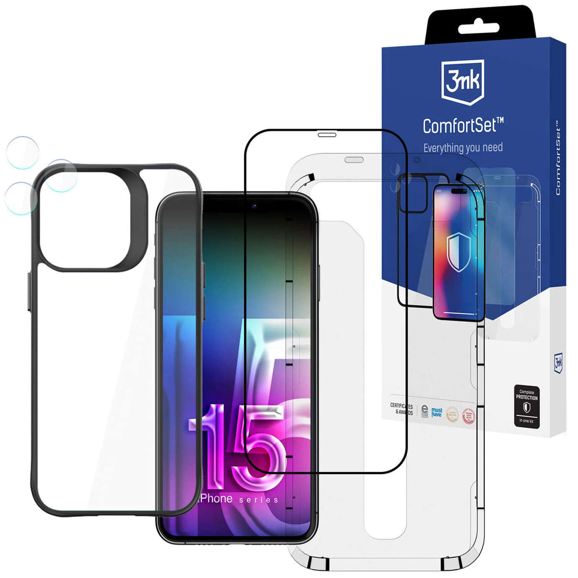 

Etui +szkło ekran +obiektyw do iPhone 15 Pro Max Zestaw 3mk Comfort Set 4in1 case lens hartowane