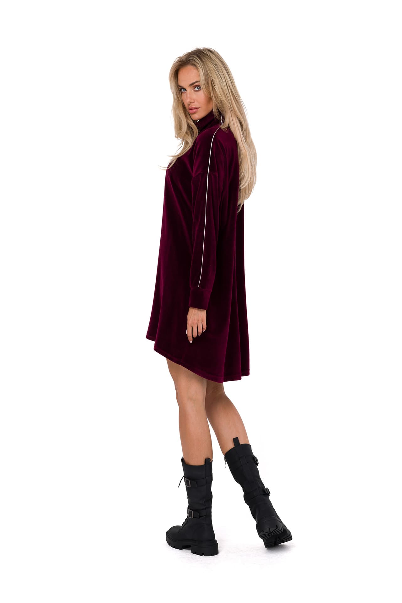

M764 Sukienka asymetryczna z zamkiem w stójce - bordowa (kolor bordo, rozmiar L/XL)