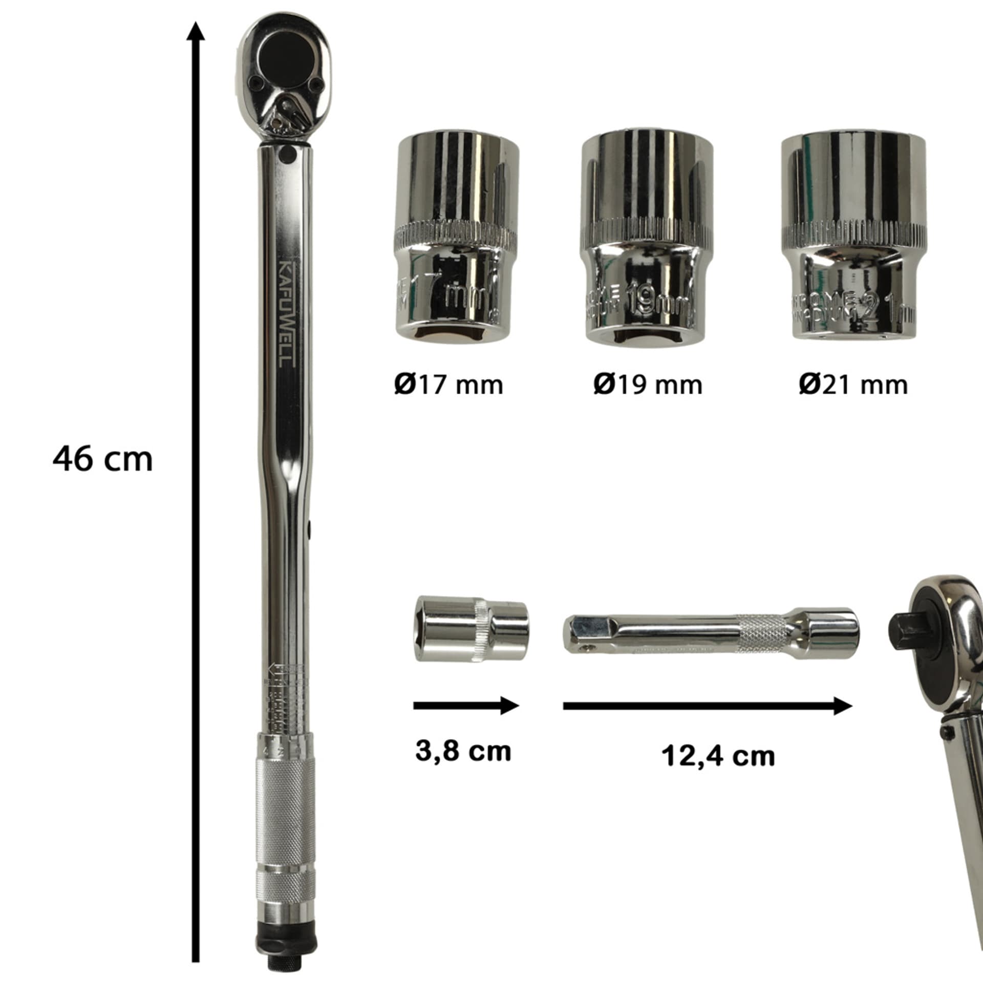 

Klucz dynamometryczny 460mm 1/2'' + 3 nasadki 17-21mm 40-210Nm blokada + walizka etui