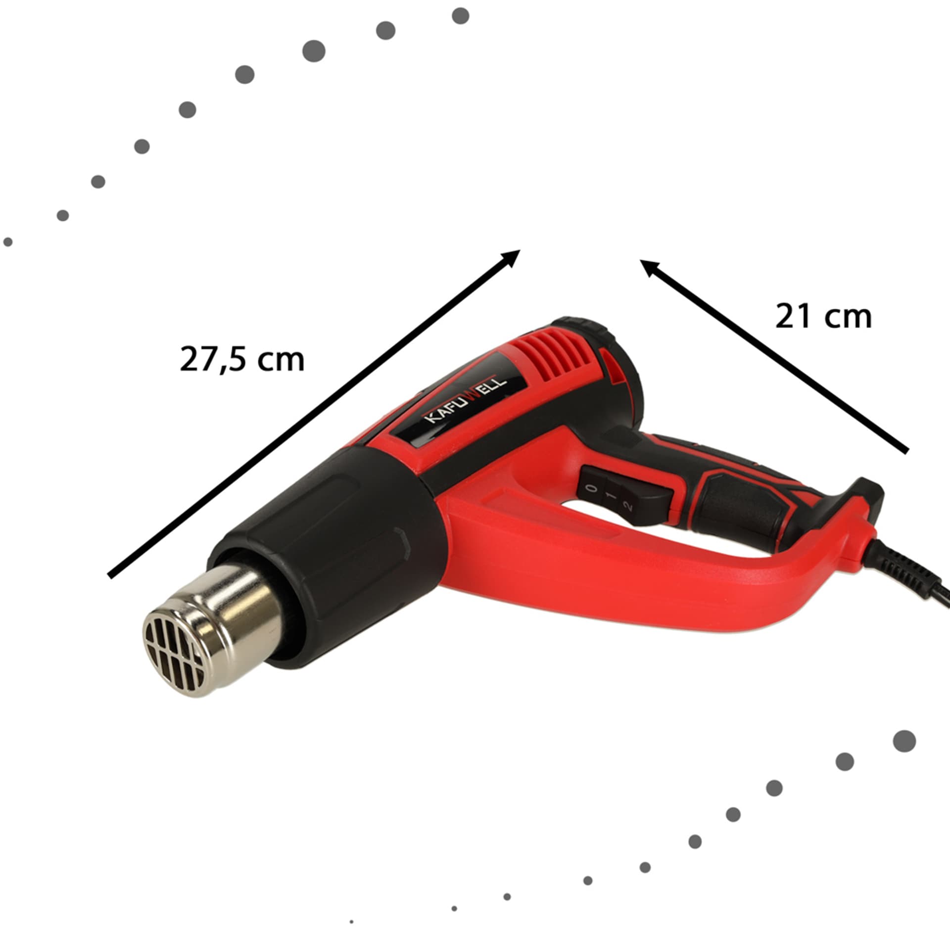 

KAFUWELL Opalarka elektryczna z regulacja tempratury 0-600 st. C przepływ powietrza 300-500 l/min + 4 wymienne końcówki 1850W