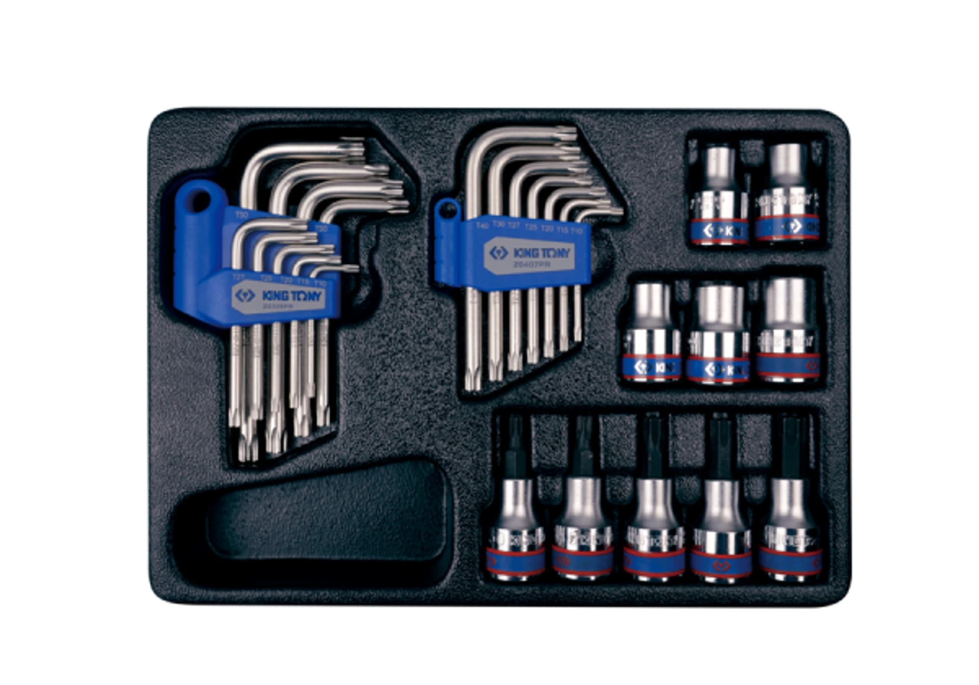 

ZESTAW NASADEK 1/2" 26cz. KRÓTKIE E10 - E18, T30 - T55 + TORXY TYPU "L", WKŁAD DO WÓZKA King Tony