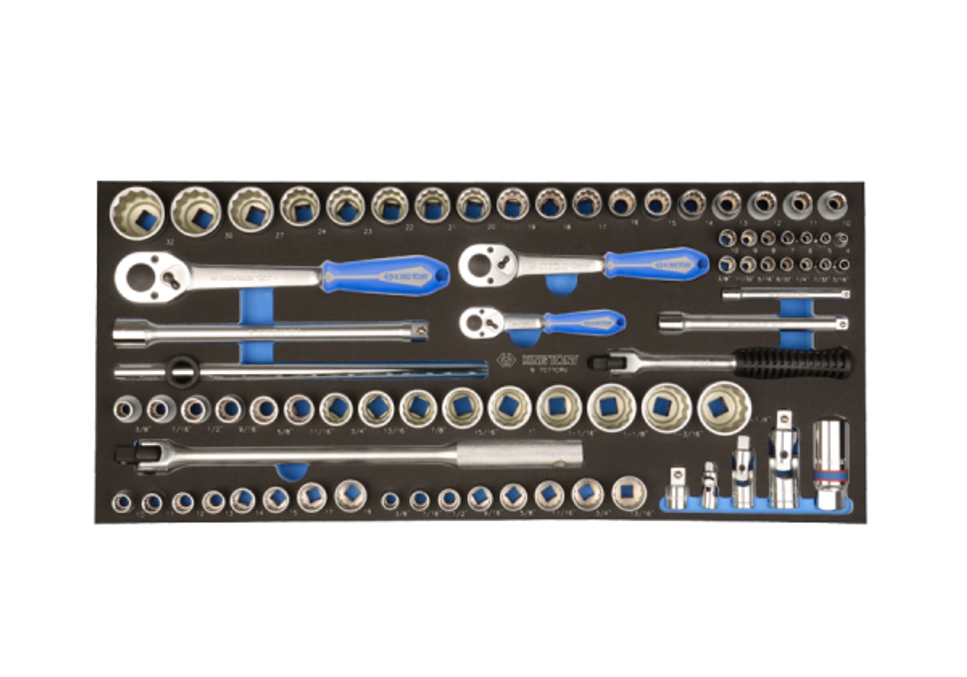 

ZESTAW NASADEK 1/4"+ 3/8" + 1/2" 77cz. KRÓTKIE 12-kąt. 4-32mm, 3/16" - 1-1/4" Z AKCESORIAMI, WKŁAD Z PIANKI EVA DO SKRZYNKI King Tony