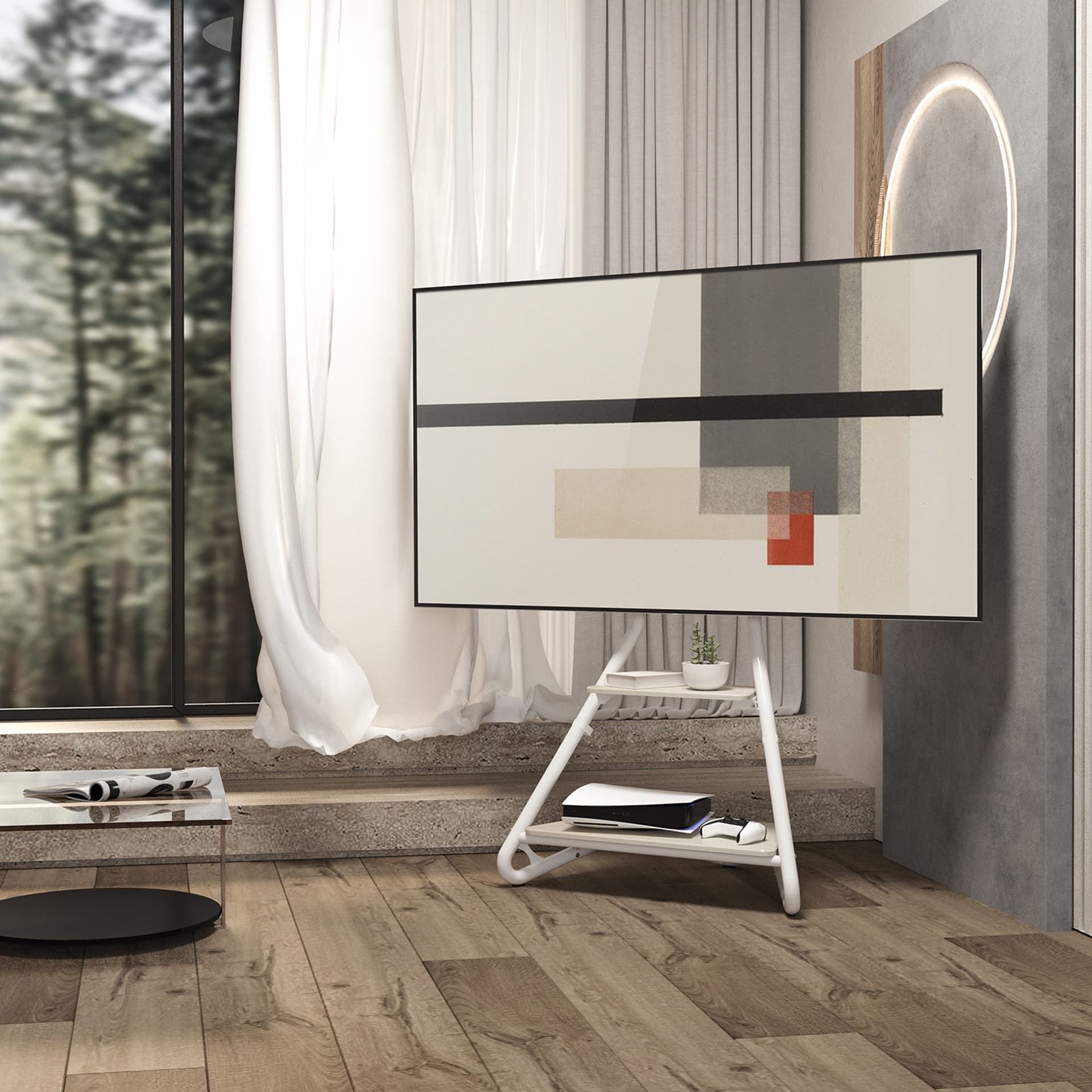 

Uchwyt wolnostojący pod TV / narożny Maclean, w stylu bauhaus, dwupoziomowe drewniane półki, 40kg max, 37-75'', MC-455