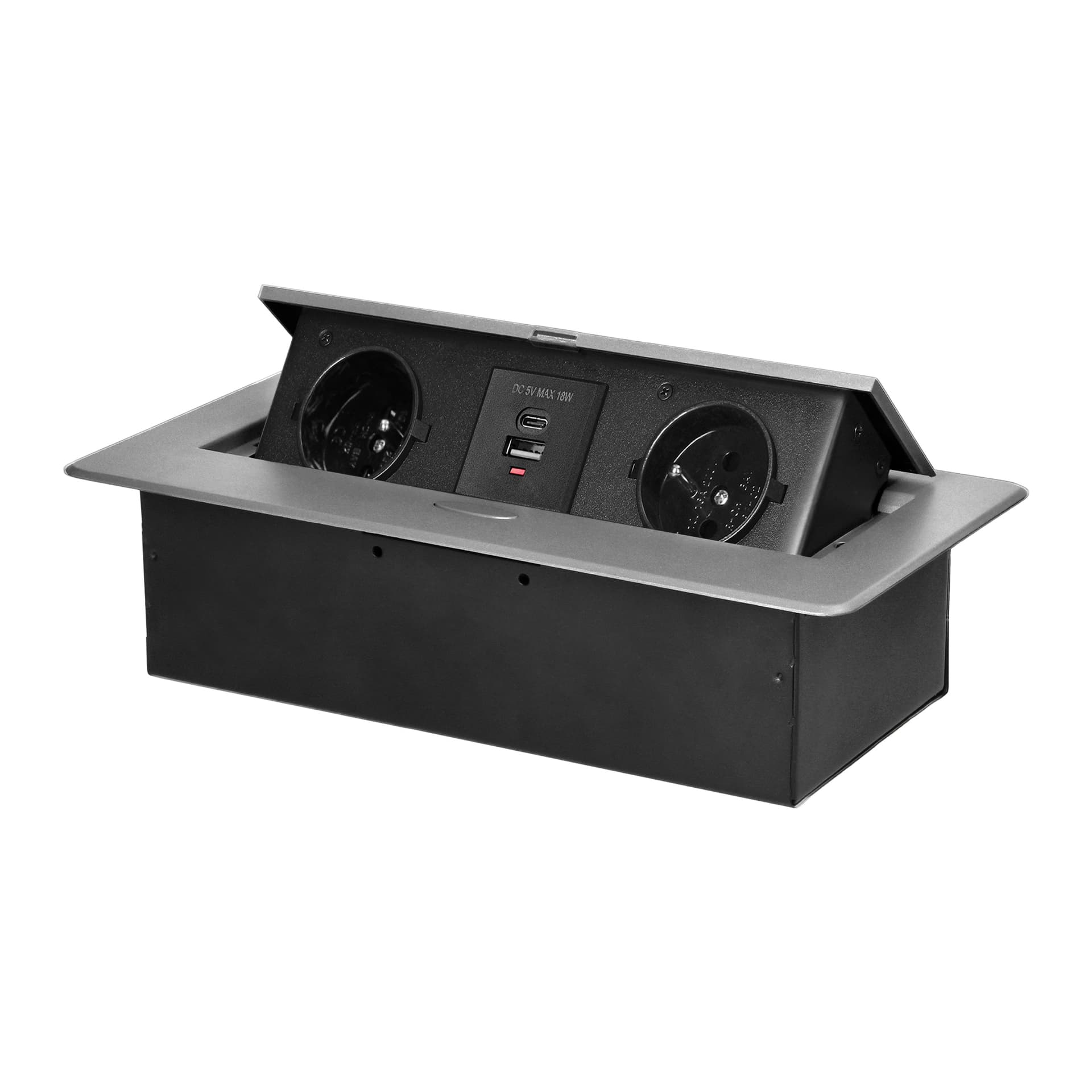 

Gniazdo meblowe wpuszczane w blat z płaskim frezowanym rantem i ładowarką USB, 2x2P+Z, 2xUSB (typ A+C; 3,6A), srebrne, Typ a+c;3.6a)/srebrn