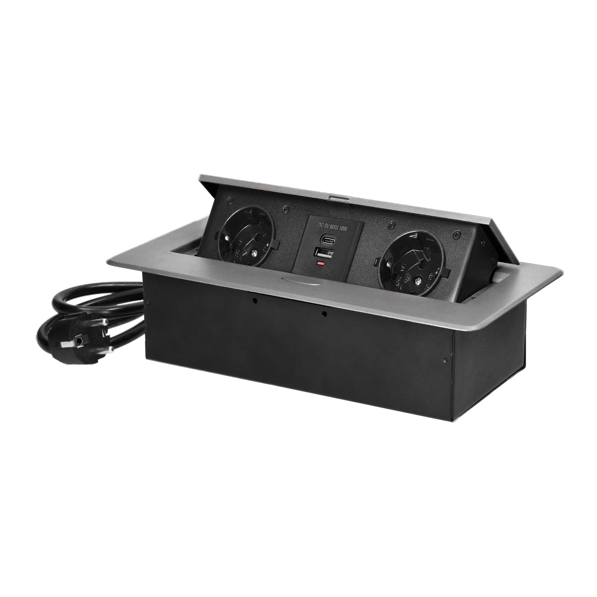 

Gniazdo meblowe wpuszczane w blat z płaskim frezowanym rantem, ładowarką USB i przewodem 1,5m, 2x2P+Z (Schuko), 2xUSB (typ A+C;3,6A), srebrne, Typ a+c;3.6a)/srebrn