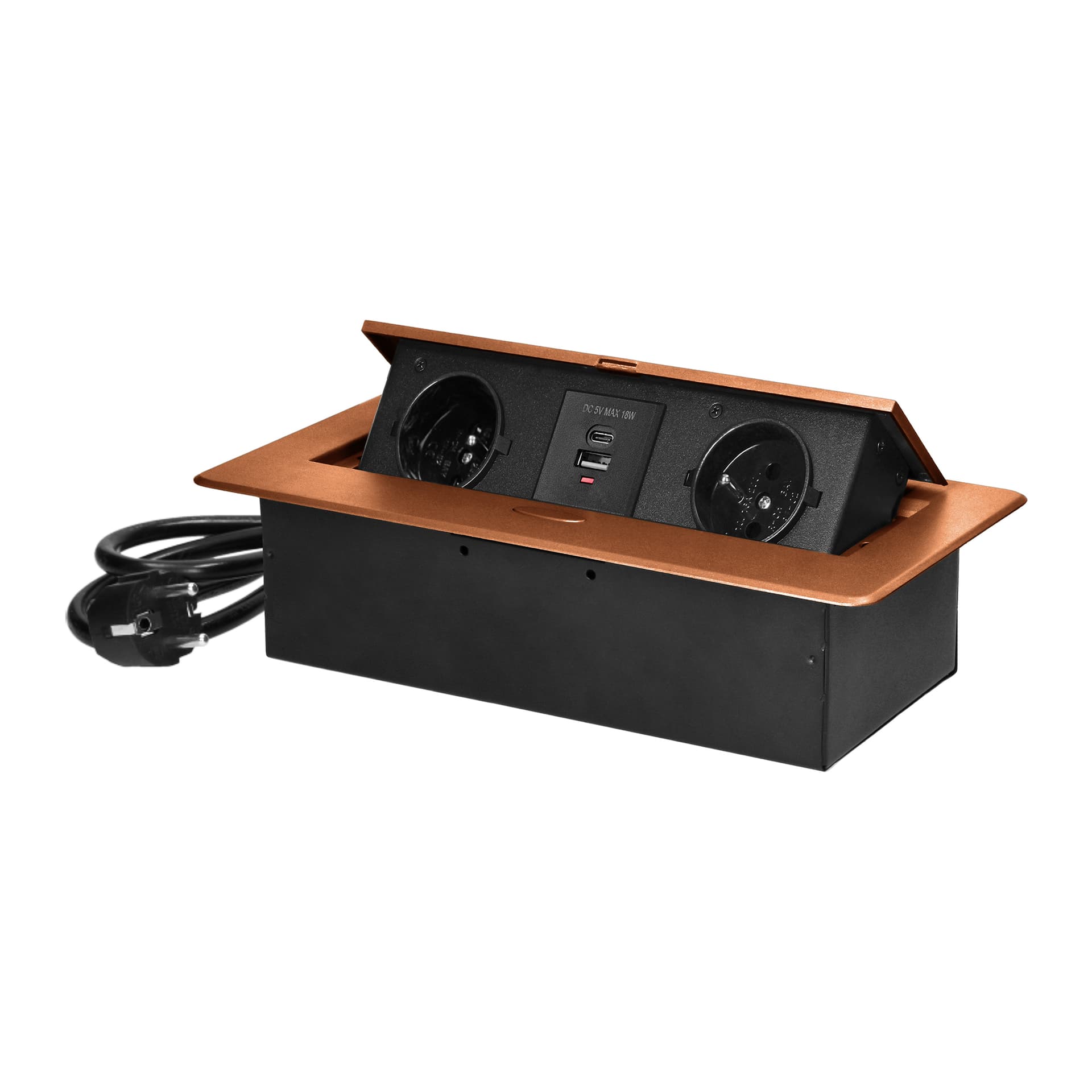 

Gniazda meblowe wpuszczane w blat z płaskim frezowanym rantem, ładowarką USB i przewodem 1,5m, 2x2P+Z, 2xUSB (typ A+C; 3,6A), złote, Typ a+c;3.6a)/złot