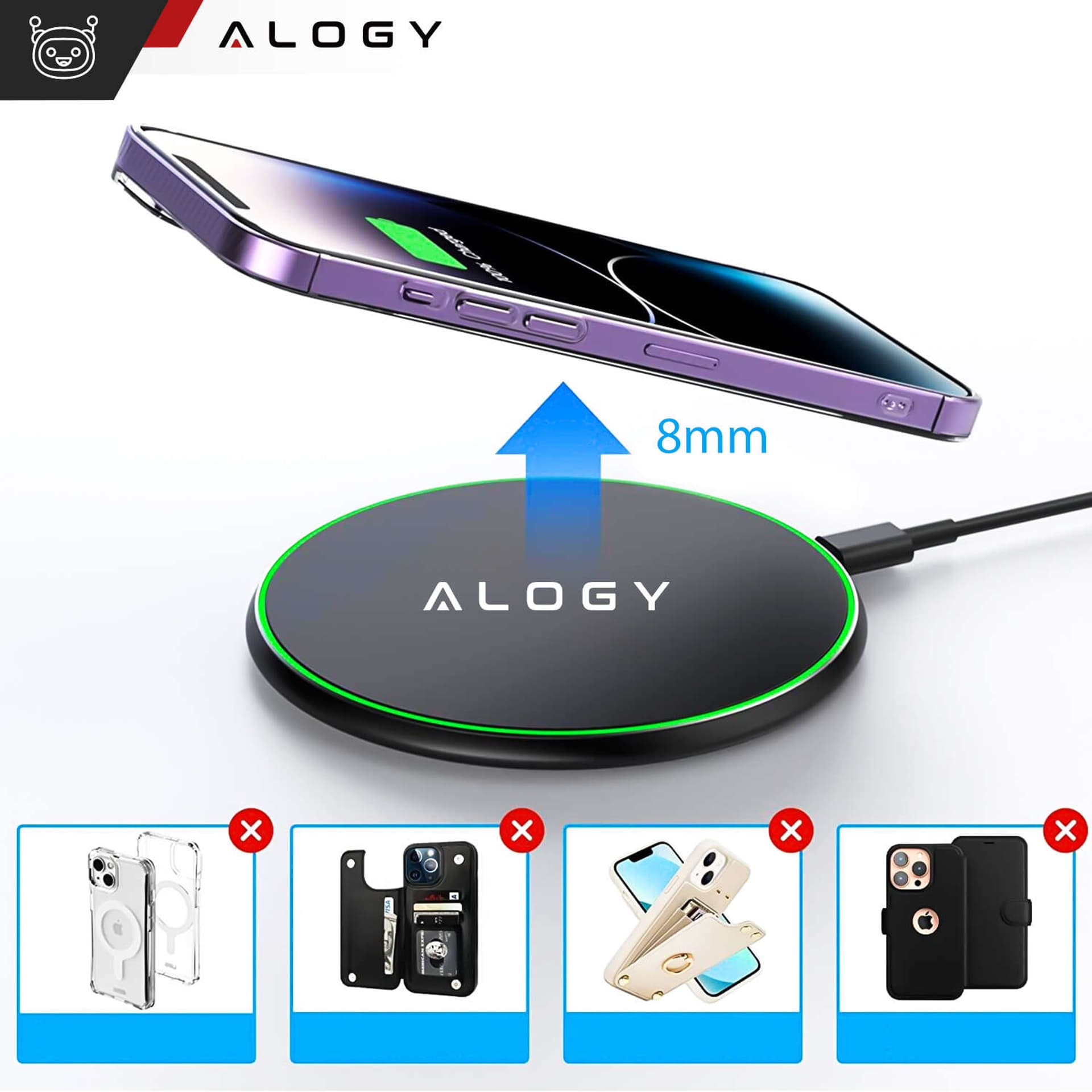 

Ładowarka indukcyjna QI bezprzewodowa 15W szybka LED Alogy okrągła do iPhone + kabel USB-C Czarna