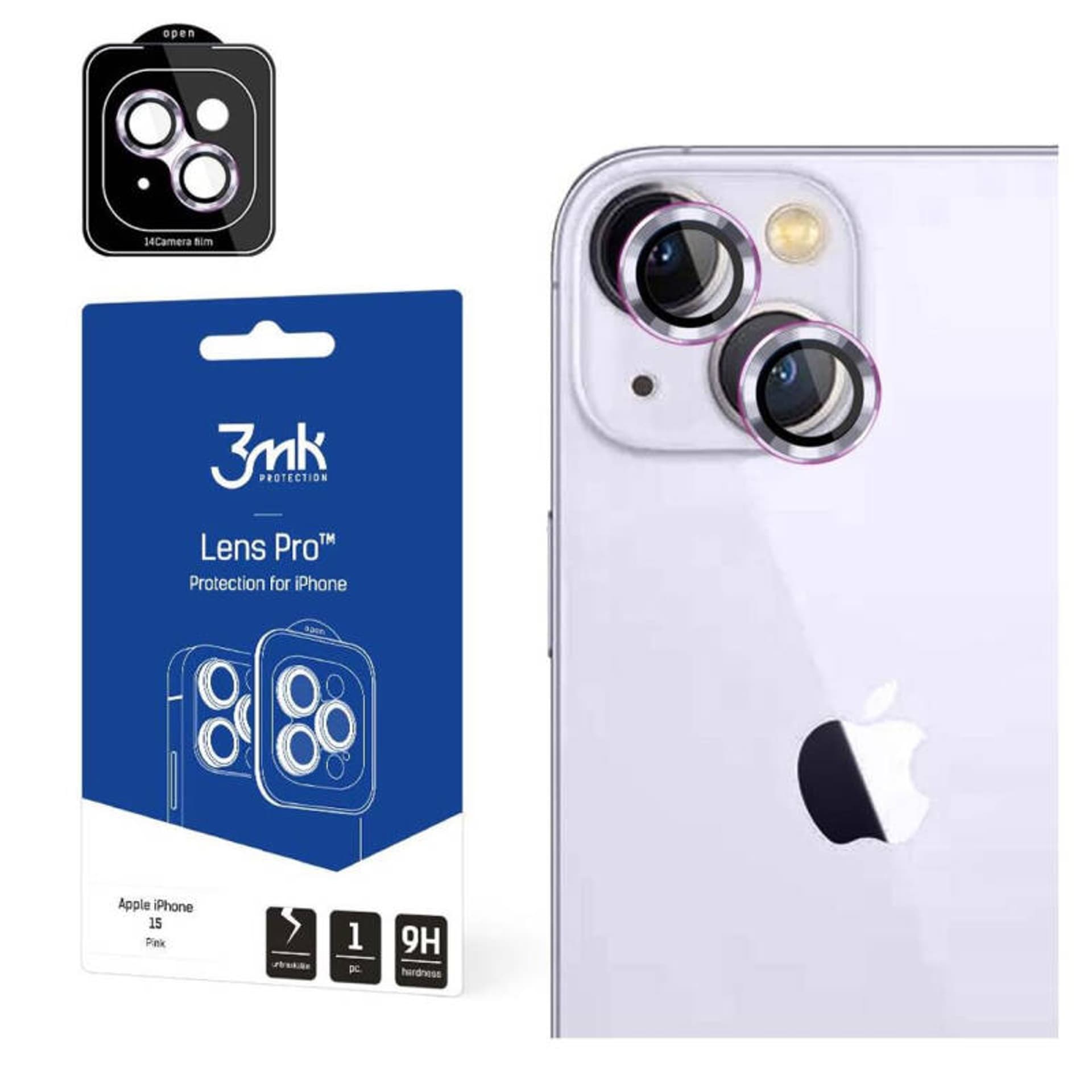 

3MK Lens Protection Pro iPhone 15 Plus 6.7" różowy/pink Ochrona na obiektyw aparatu z ramką montażową 1szt.