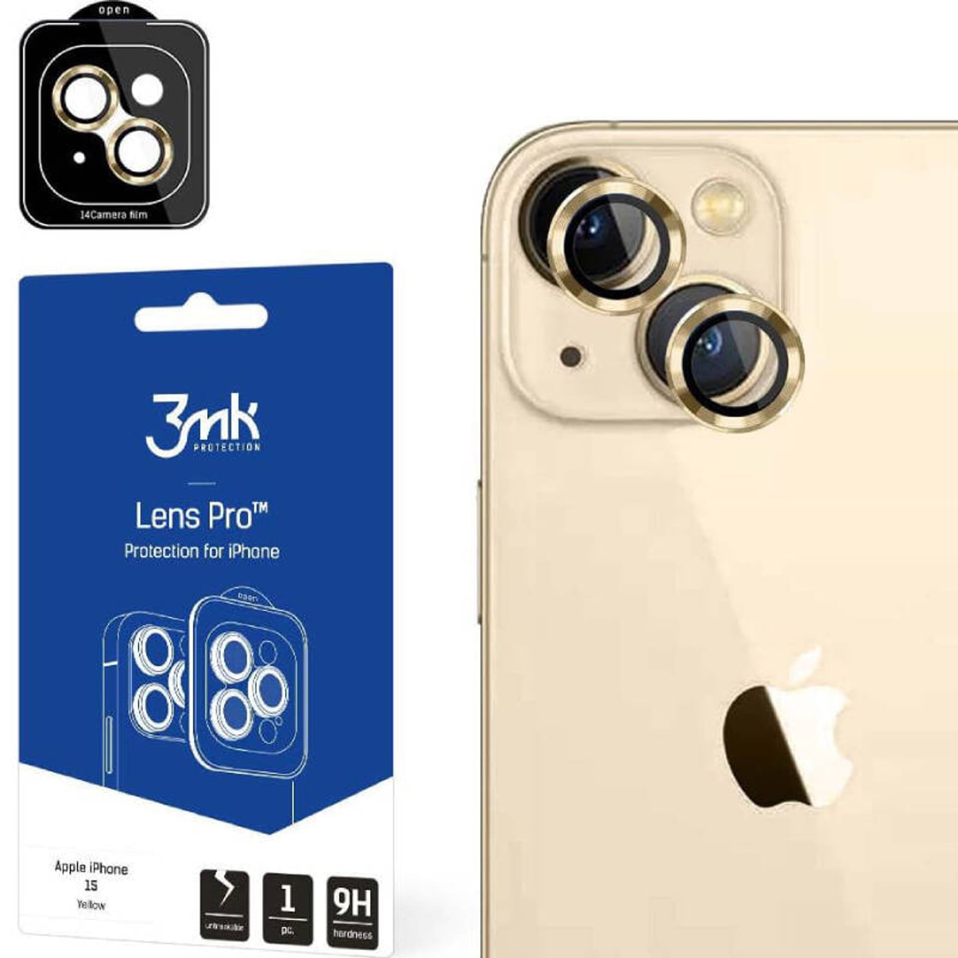 

3MK Lens Protection Pro iPhone 15 6.1" żółty/yellow Ochrona na obiektyw aparatu z ramką montażową 1szt.