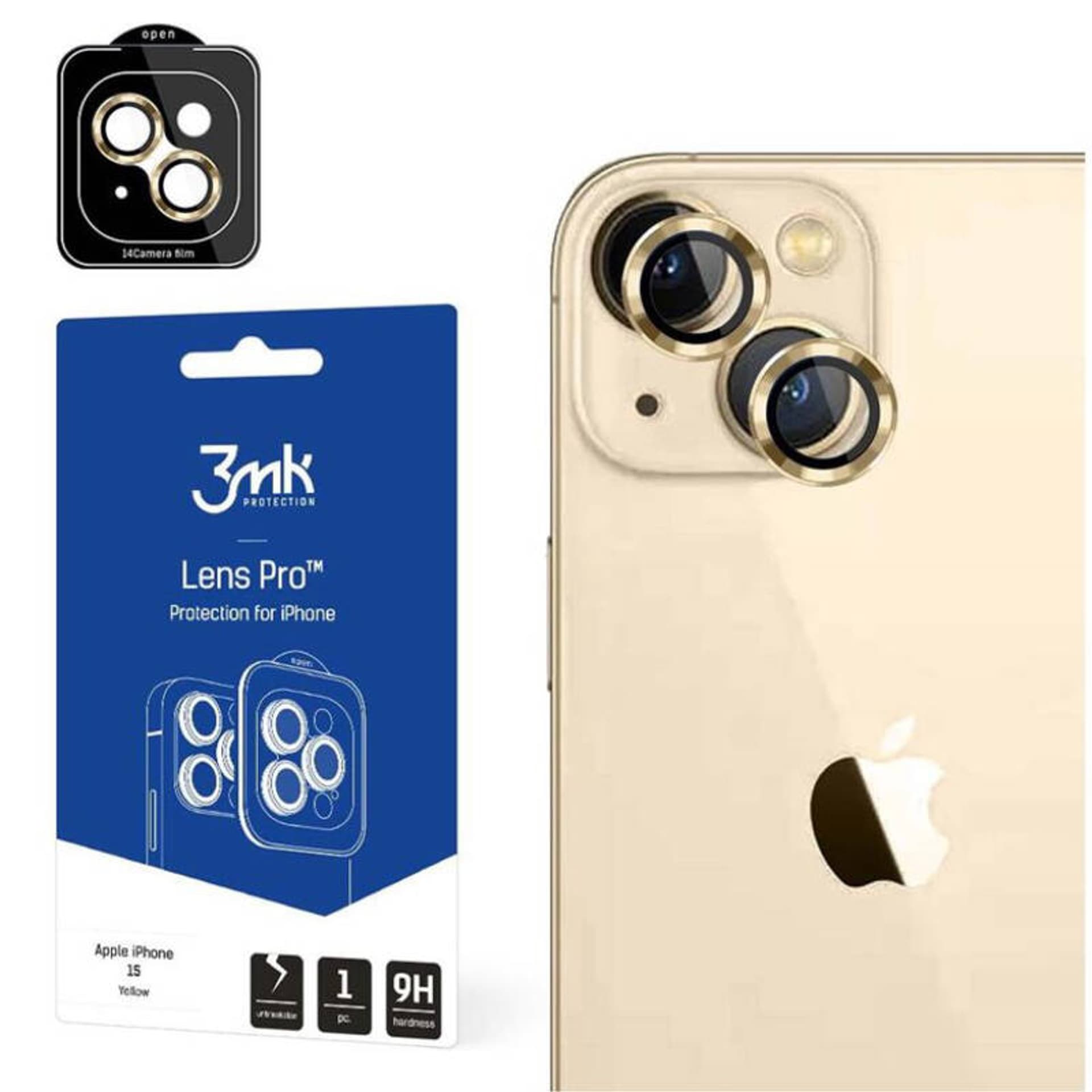 

3MK Lens Protection Pro iPhone 15 Plus 6.7" żółty/yellow Ochrona na obiektyw aparatu z ramką montażową 1szt.