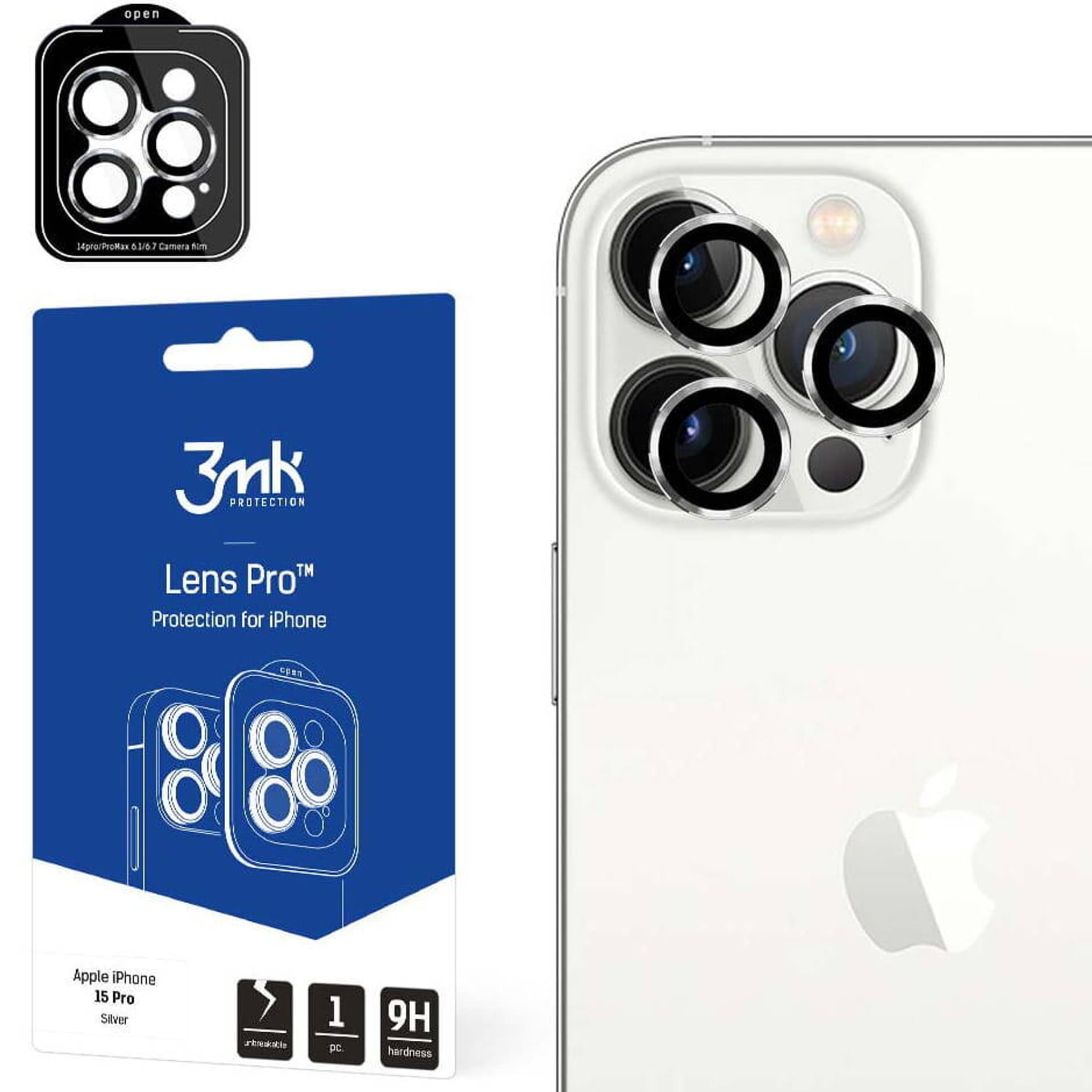 

3MK Lens Protection Pro iPhone 15 Pro 6.1" srebrny/silver Ochrona na obiektyw aparatu z ramką montażową 1szt.