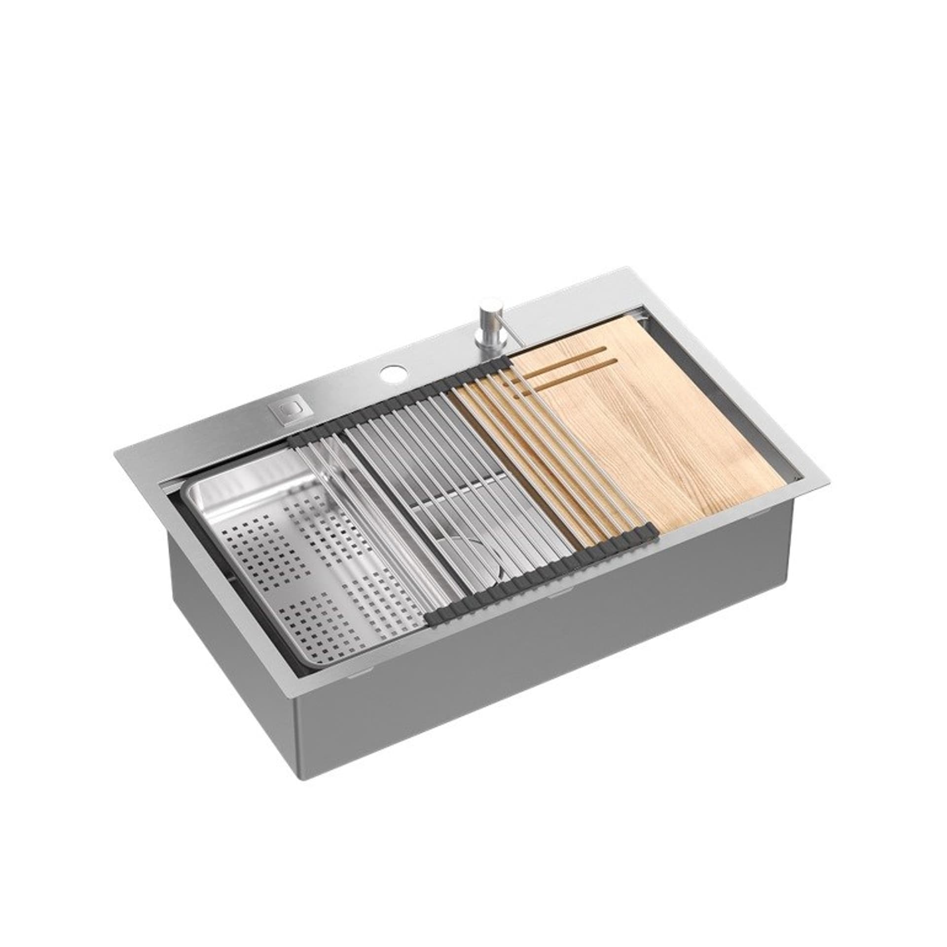 

Zlewozmywak stalowy QUADRON BURT 110 WORKSTATION wpuszczany + syfon Push-2-Open + dozownik + deska drewniana + wkładka ociekowa + rollmata + nakładka na odpływ