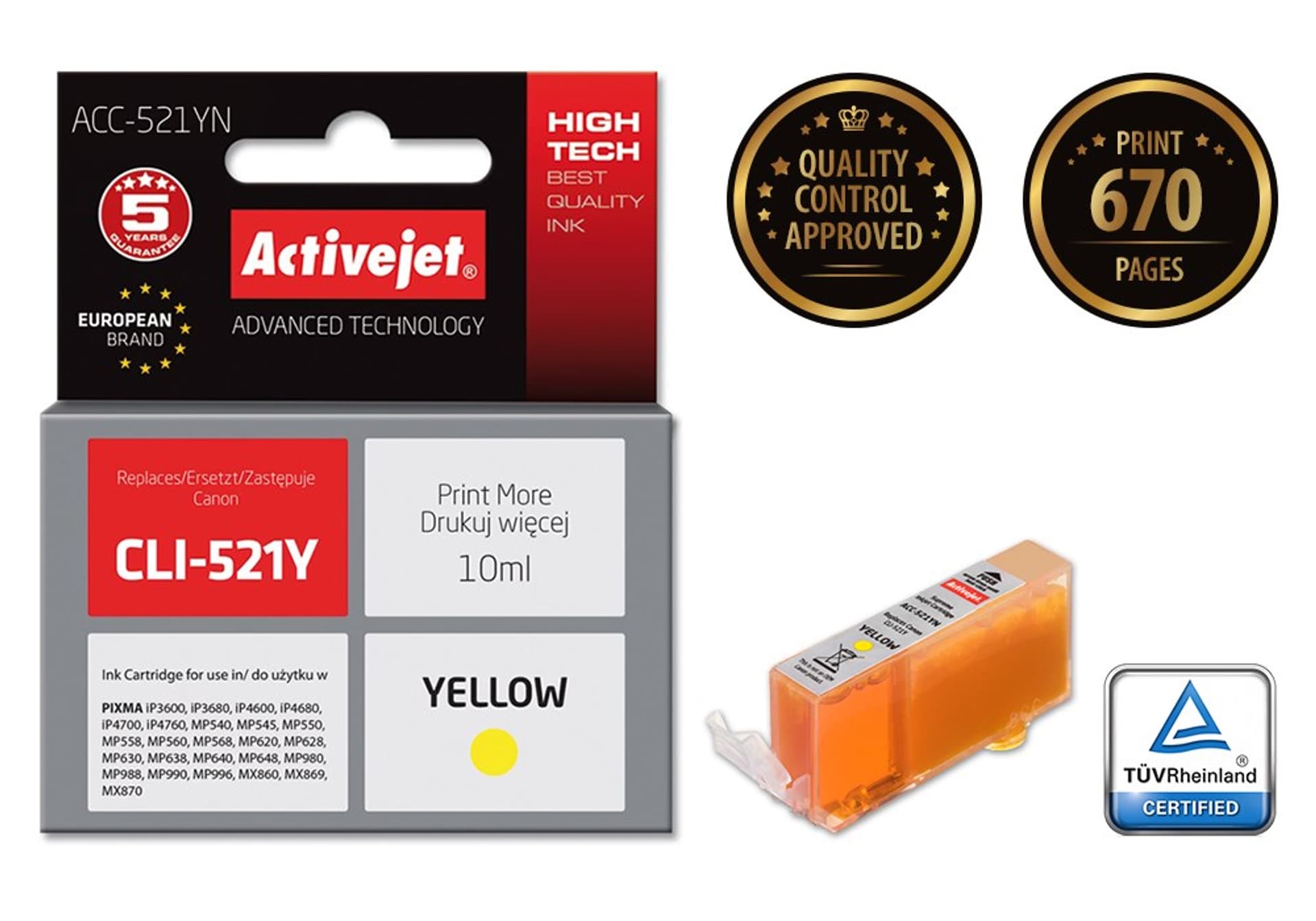 

Activejet ACC-521YN Tusz (zamiennik Canon CLI-521Y; Supreme; 10 ml; żółty)