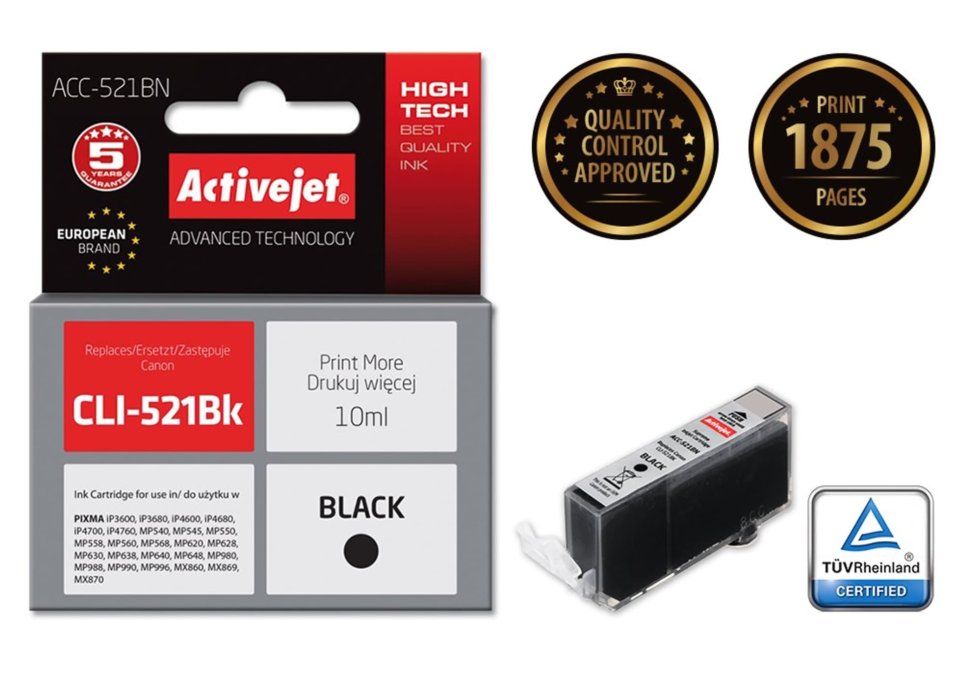 

Activejet ACC-521BN Tusz (zamiennik Canon CLI-521Bk; Supreme; 10 ml; czarny)
