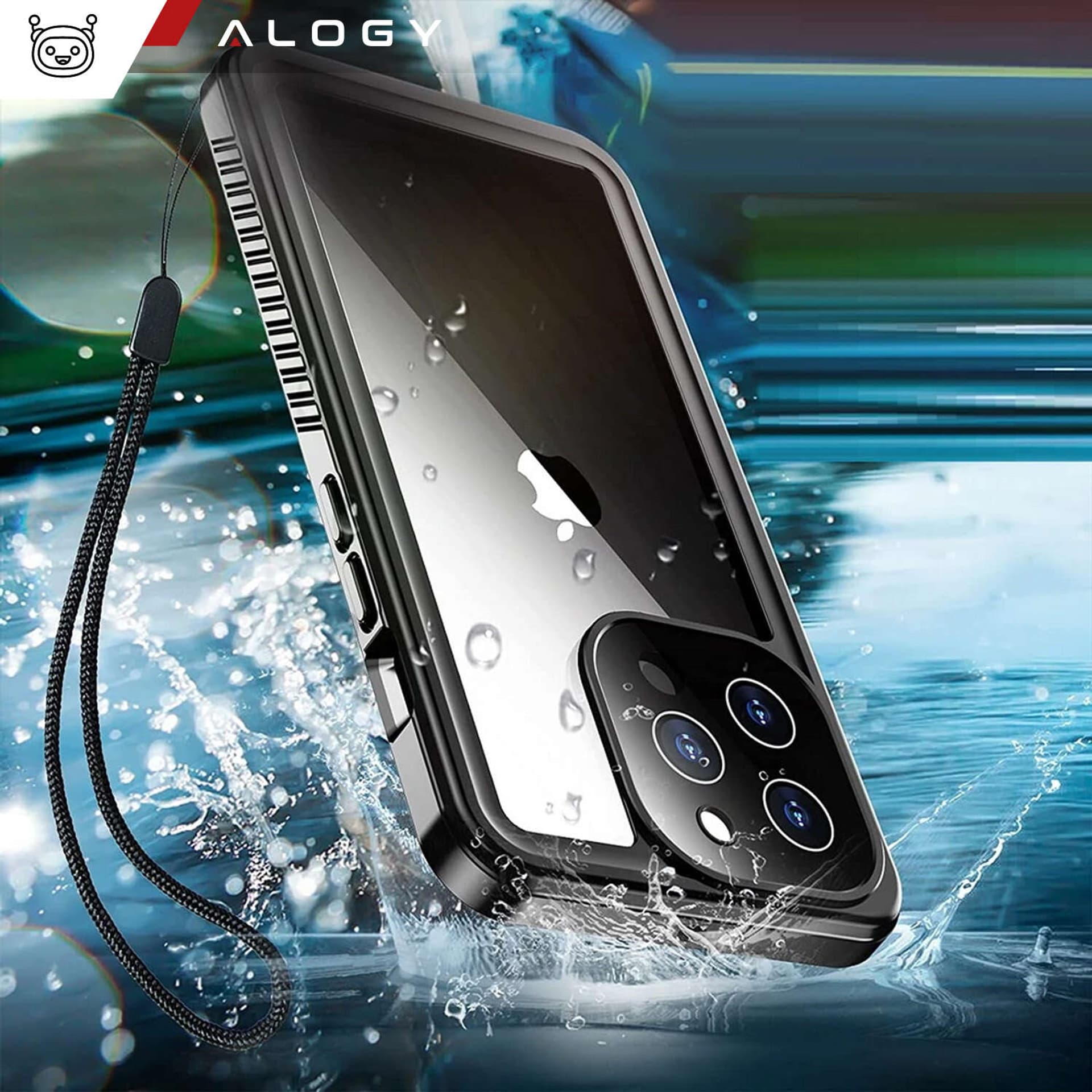 

Etui wodoodporne do Apple iPhone 13 Pro Max 360 Alogy Pancerne Armor IP68 ze smyczką Czarne