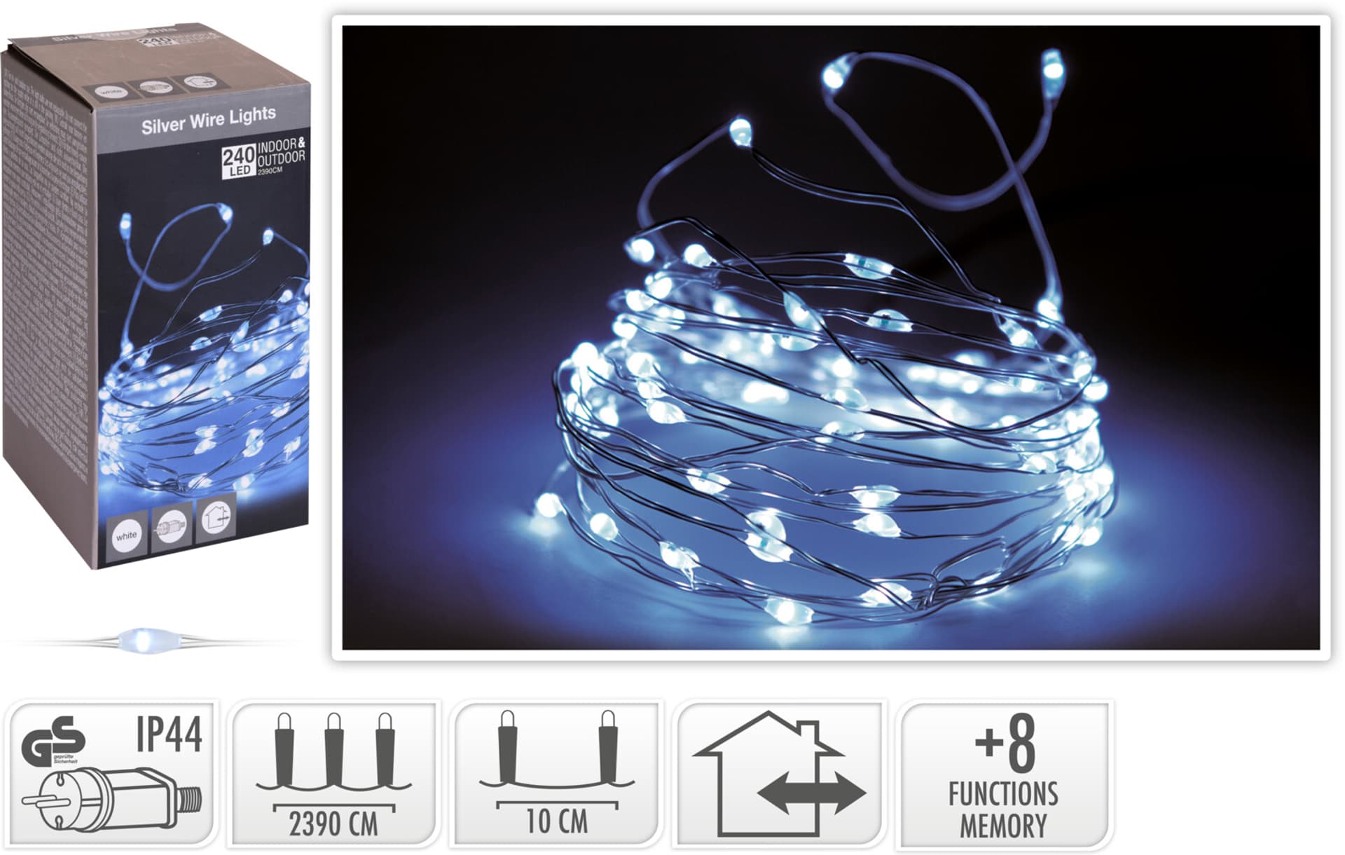 

ŁAŃCUCH LED 240 LED BIAŁA 2390cm +8funkcji
