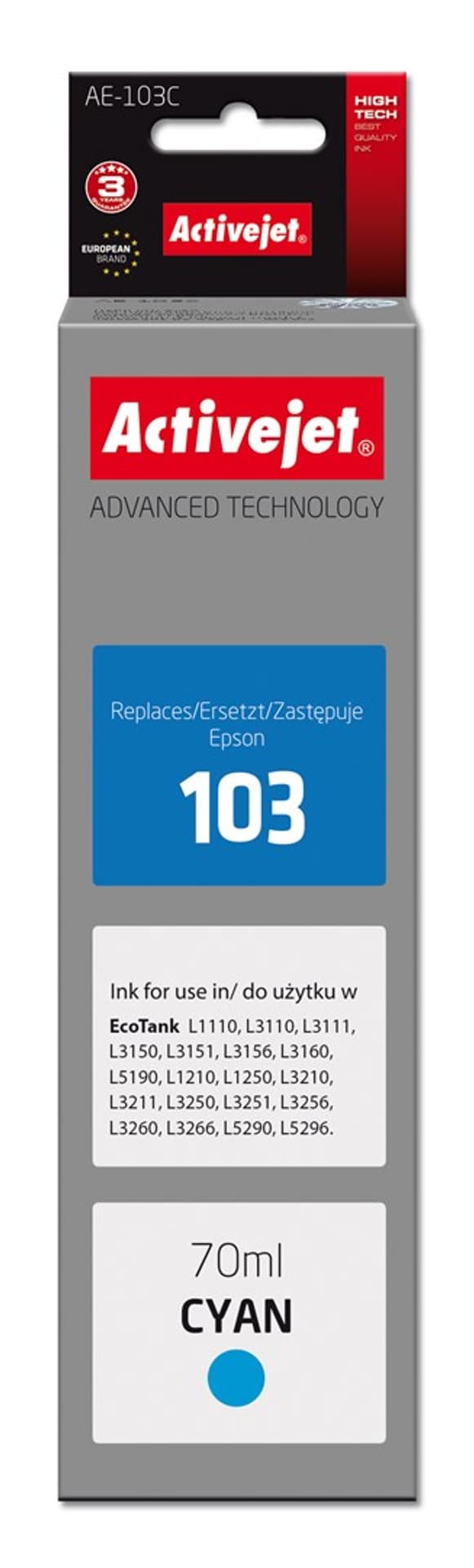 

Activejet Tusz AE-103C (zamiennik Epson 103 C13T00S24A; Supreme; 70 ml; błękitny)