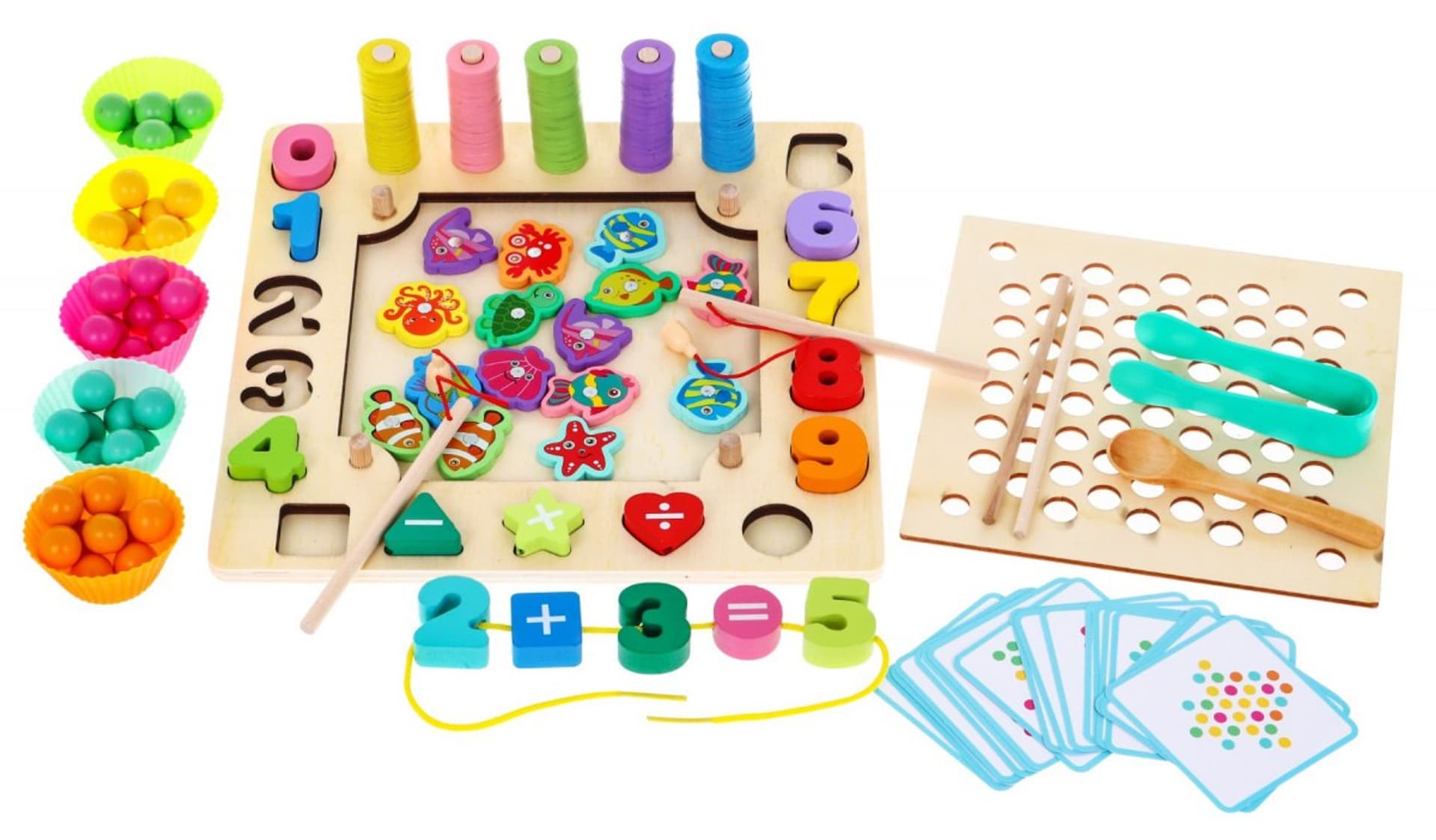 

Drewniany zestaw gier edukacyjnych 6w1 dla dzieci 3+ Sorter łowienie rybek nauka liczb