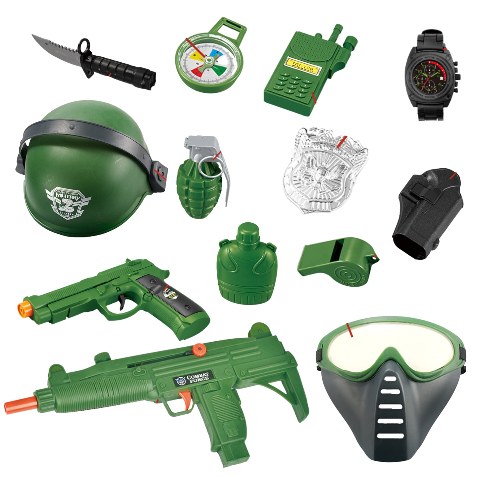 

DUŻY ZESTAW WOJSKOWY PISTOLET KARABIN KASK NÓŻ ZEGAREK GRANAT KRÓTKOFALÓWKA