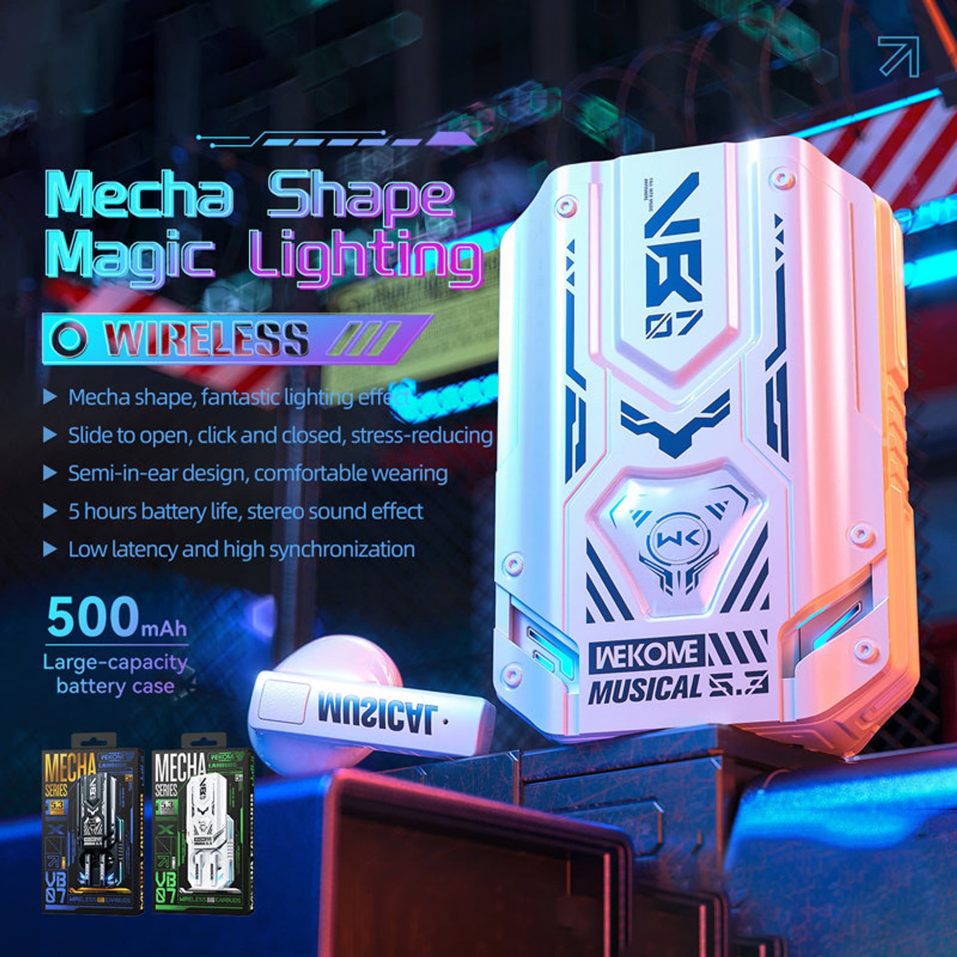 

WEKOME VB07 Mecha Series - Bezprzewodowe słuchawki Bluetooth V5.3 TWS z etui ładującym (Czarny)