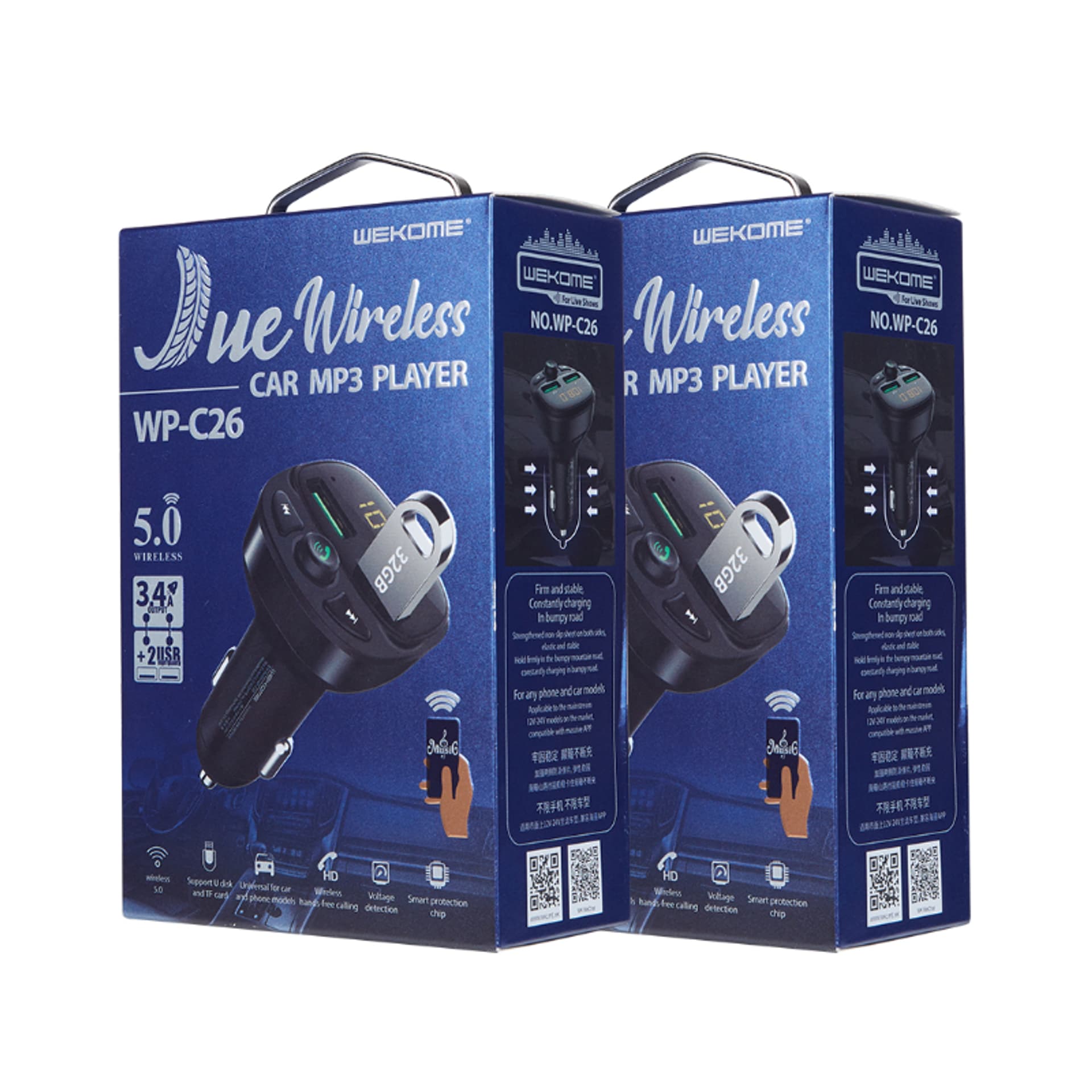 

WEKOME WP-C26 - Transmiter FM Bluetooth / MicroSD / 2x USB-A + ładowarka samochodowa 17W (Czarny)