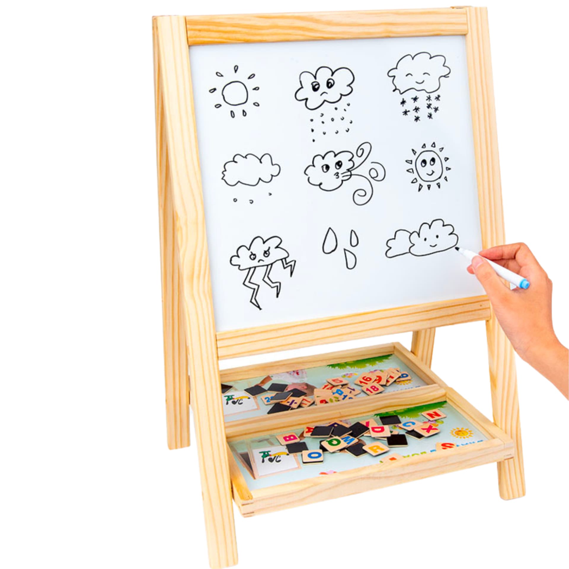 

TABLICA DREWNIANA DWUSTRONNA MAGNETYCZNA MARKER KREDA LITERKI CYFRY GĄBKA