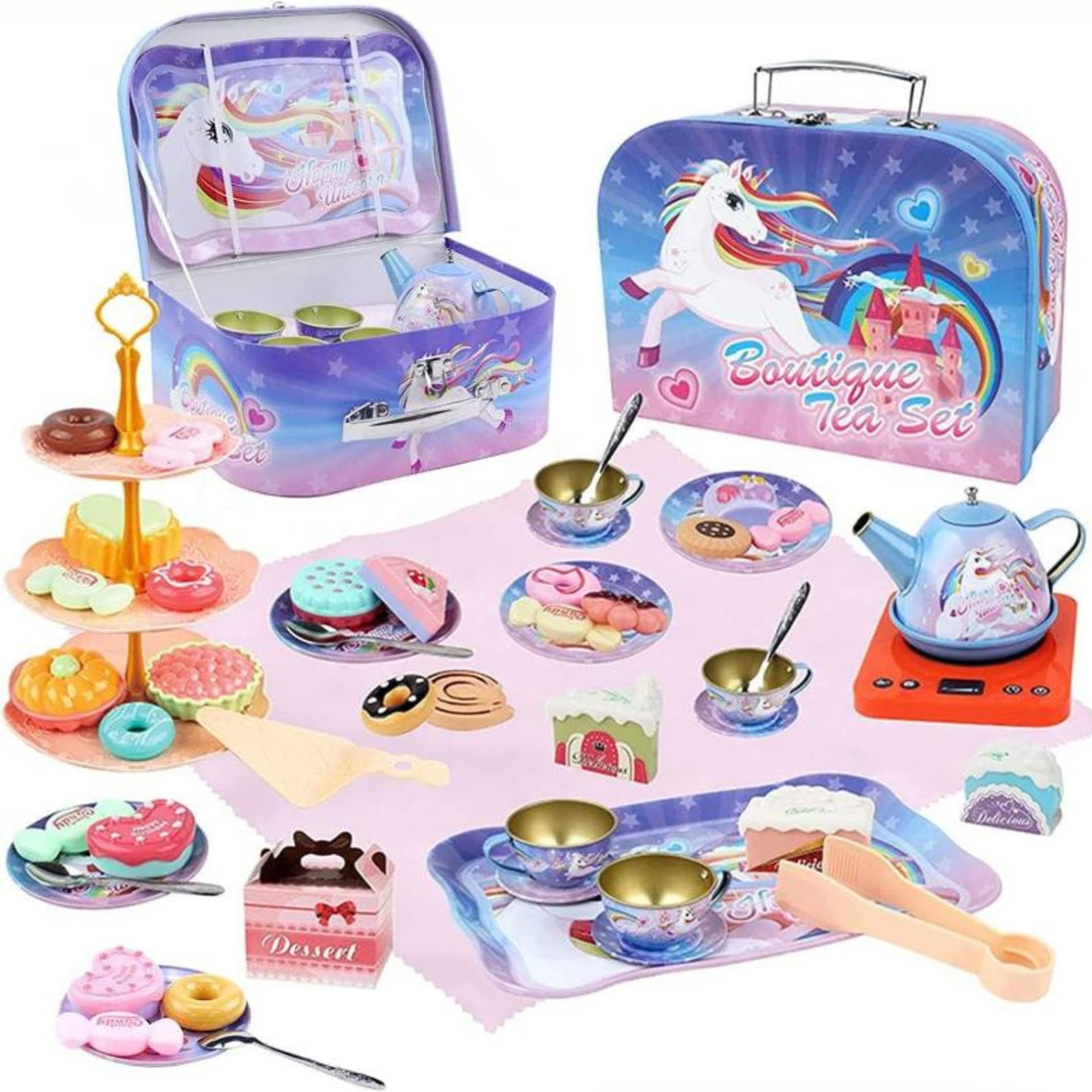 

METALOWY ZESTAW DO HERBATY DZBANEK FILIŻANKI TACKA SŁODYCZE KOMPLET WALIZKA