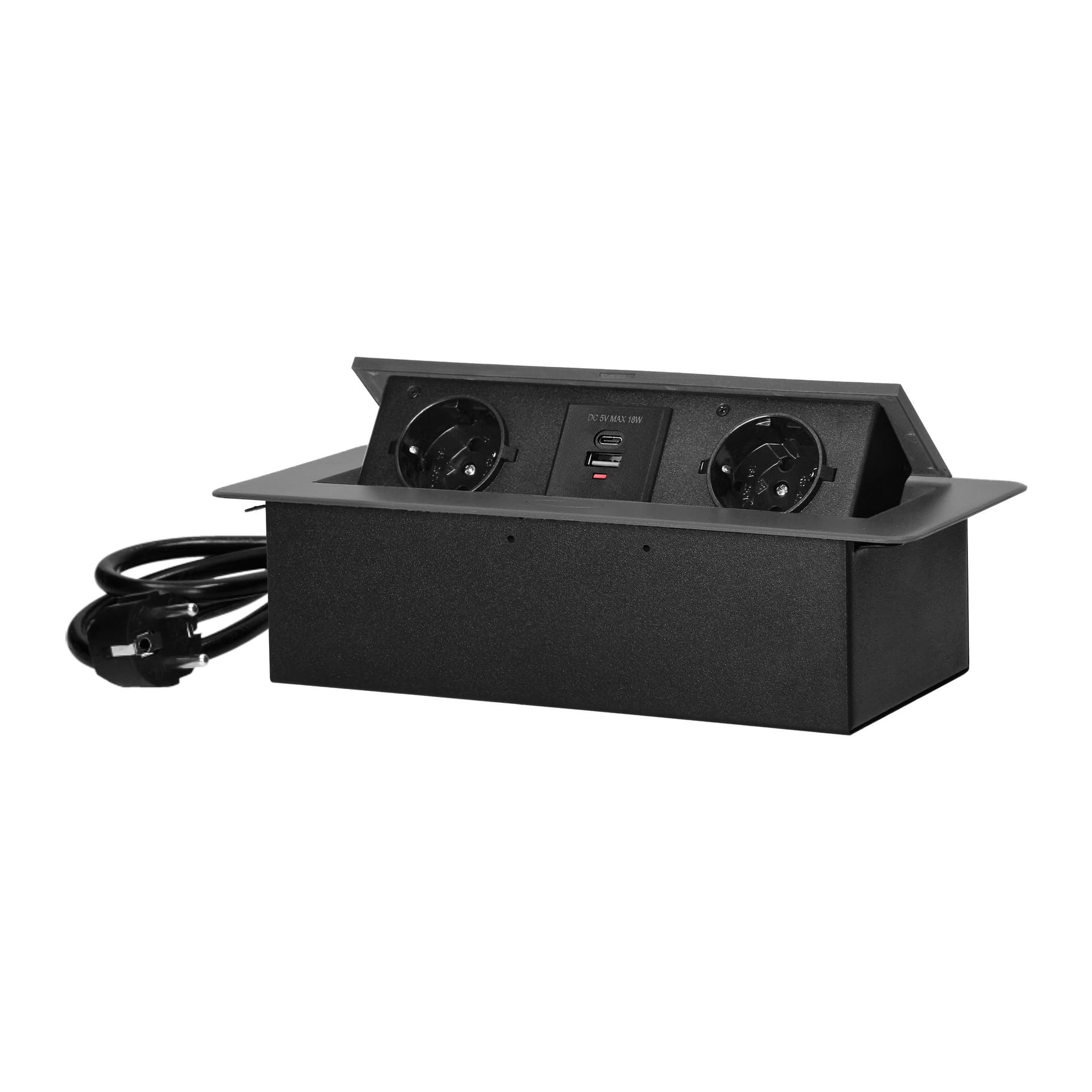 

Gniazdo meblowe wpuszczane w blat z płaskim frezowanym rantem, ładowarką USB i przewodem 1,5m, 2x2P+Z (Schuko), 2xUSB (typ A+C; 3,6A), grafitowe, Typ a+c;3.6a)/grafitow