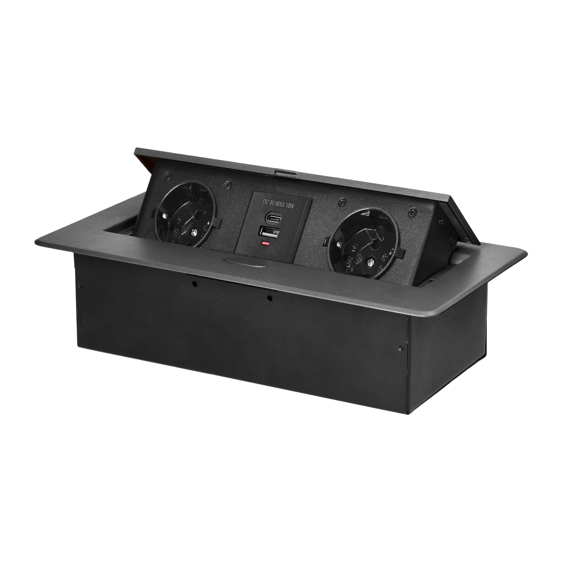 

Gniazdo meblowe wpuszczane w blat z płaskim frezowanym rantem i ładowarką USB, 2x2P+Z (Schuko),2xUSB (typ A+C; 3,6A), grafitowe, Typ a+c;3.6a)/grafitow