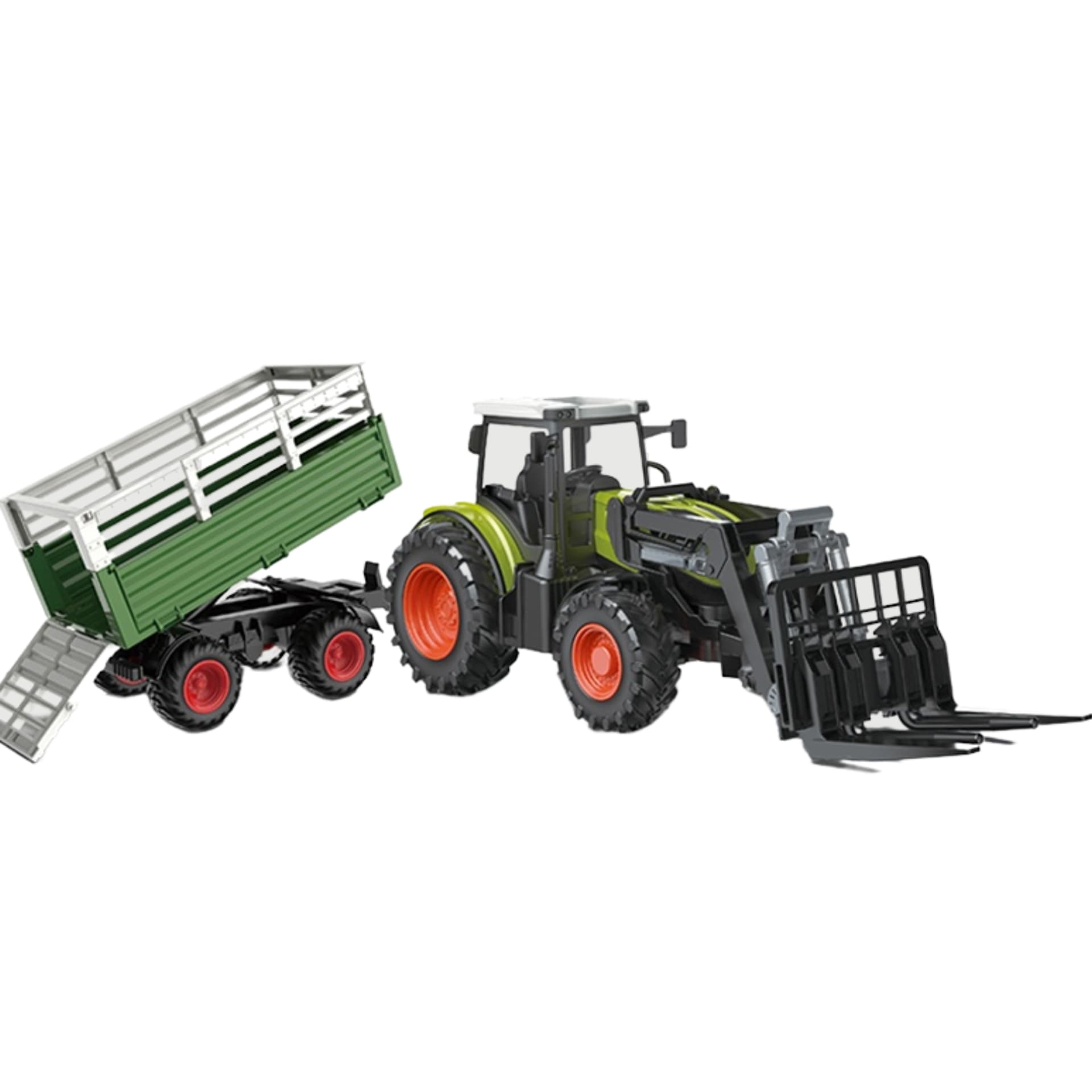 

DUŻY TRAKTOR ZDALNIE STEROWANY Z PRZYCZEPĄ MASZYNA ROLNICZA WIDŁY FARMA