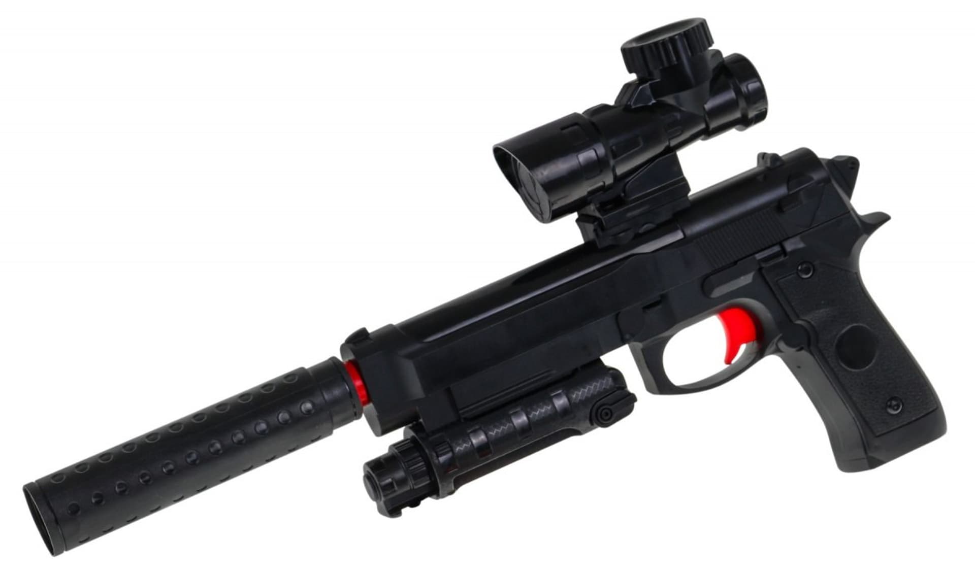 

Pistolet z akcesoriami dla dzieci 6+ Imitacja M92 + Tłumik + Celownik + Kulki z hydrożelem