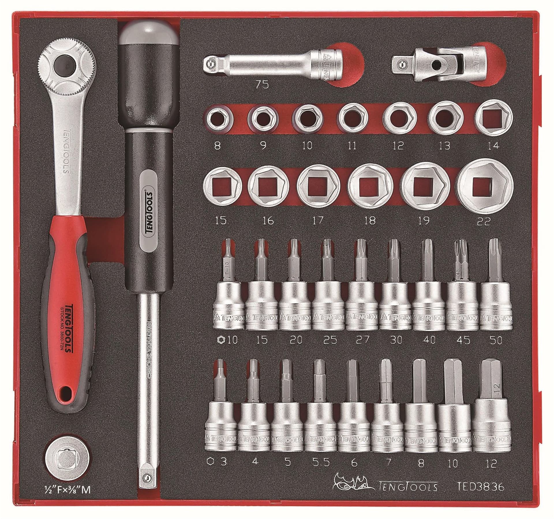 

36-elementowy zestaw narzędzi nasadkowych z chwytem kwadratowym 3/8" Teng Tools TED3836