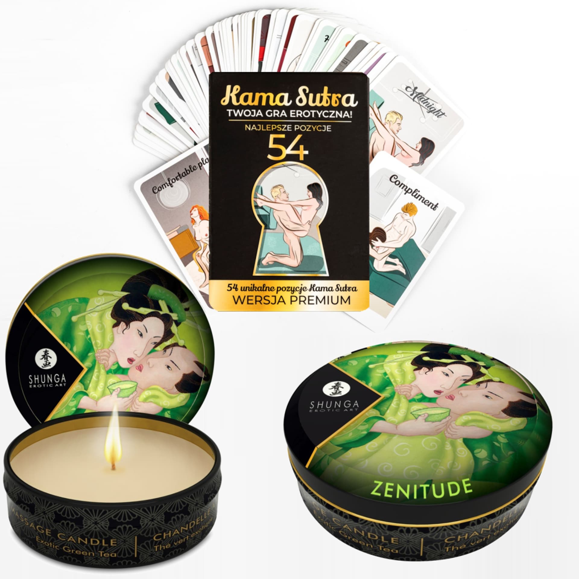 

Karty z pozycjami KamaSutra i świeca do masażu Zenitude Exotic Green Tea 30ml Shunga