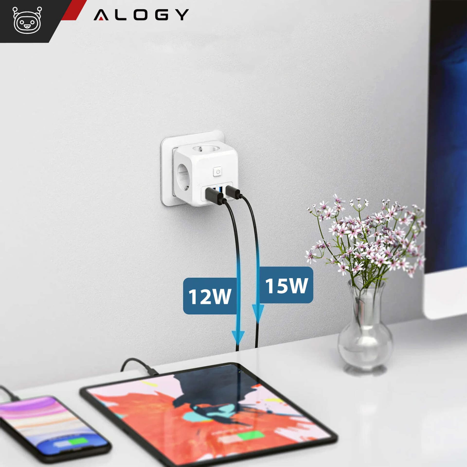 

Rozgałęźnik sieciowy rozdzielacz Ładowarka adapter złodziejka 3 gniazdka EU 3x USB + USB-C C 7w1 Alogy Biały