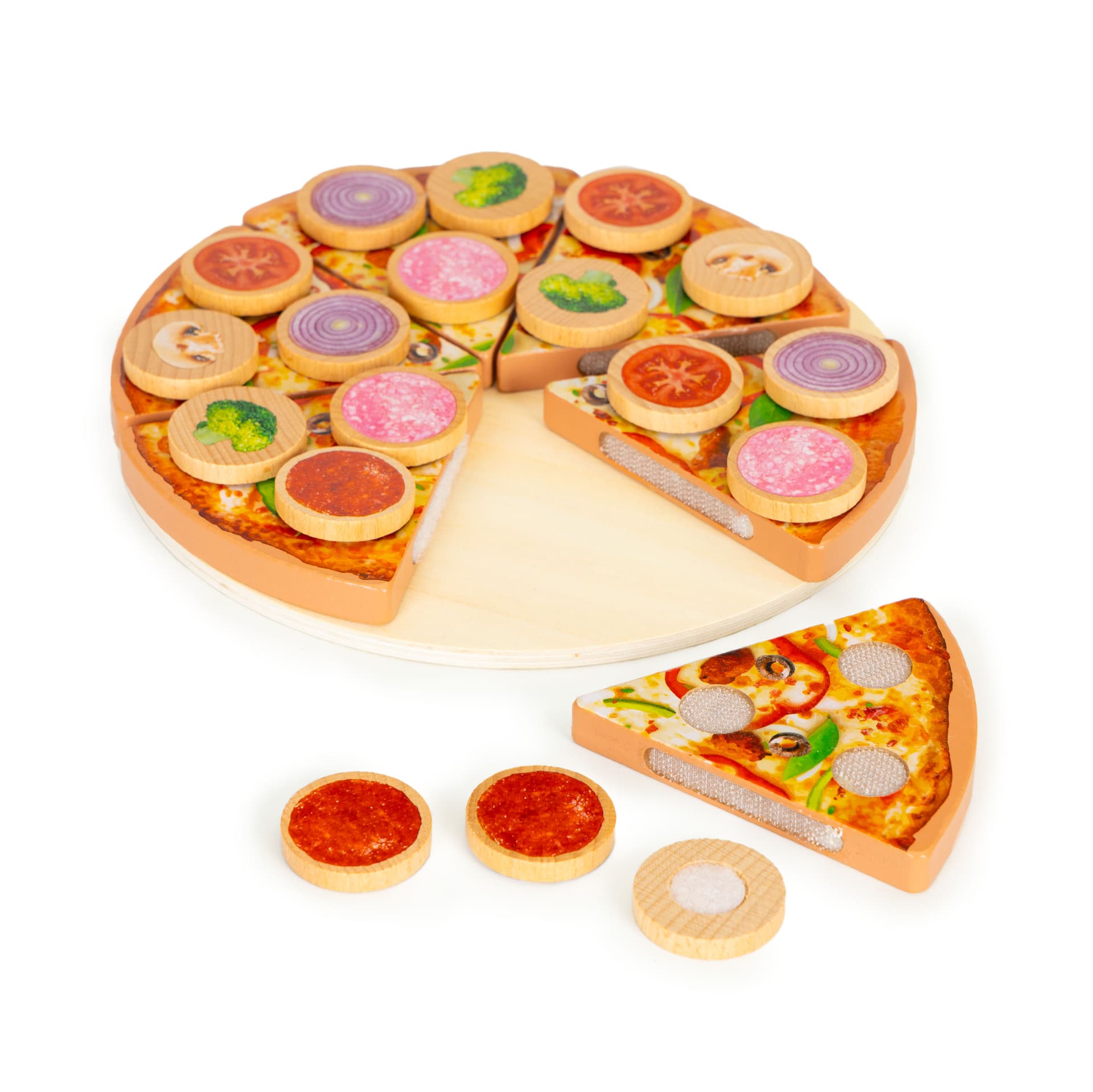 

Drewniana pizza do krojenia na rzepy dla dzieci 27 elementów ECOTOYS