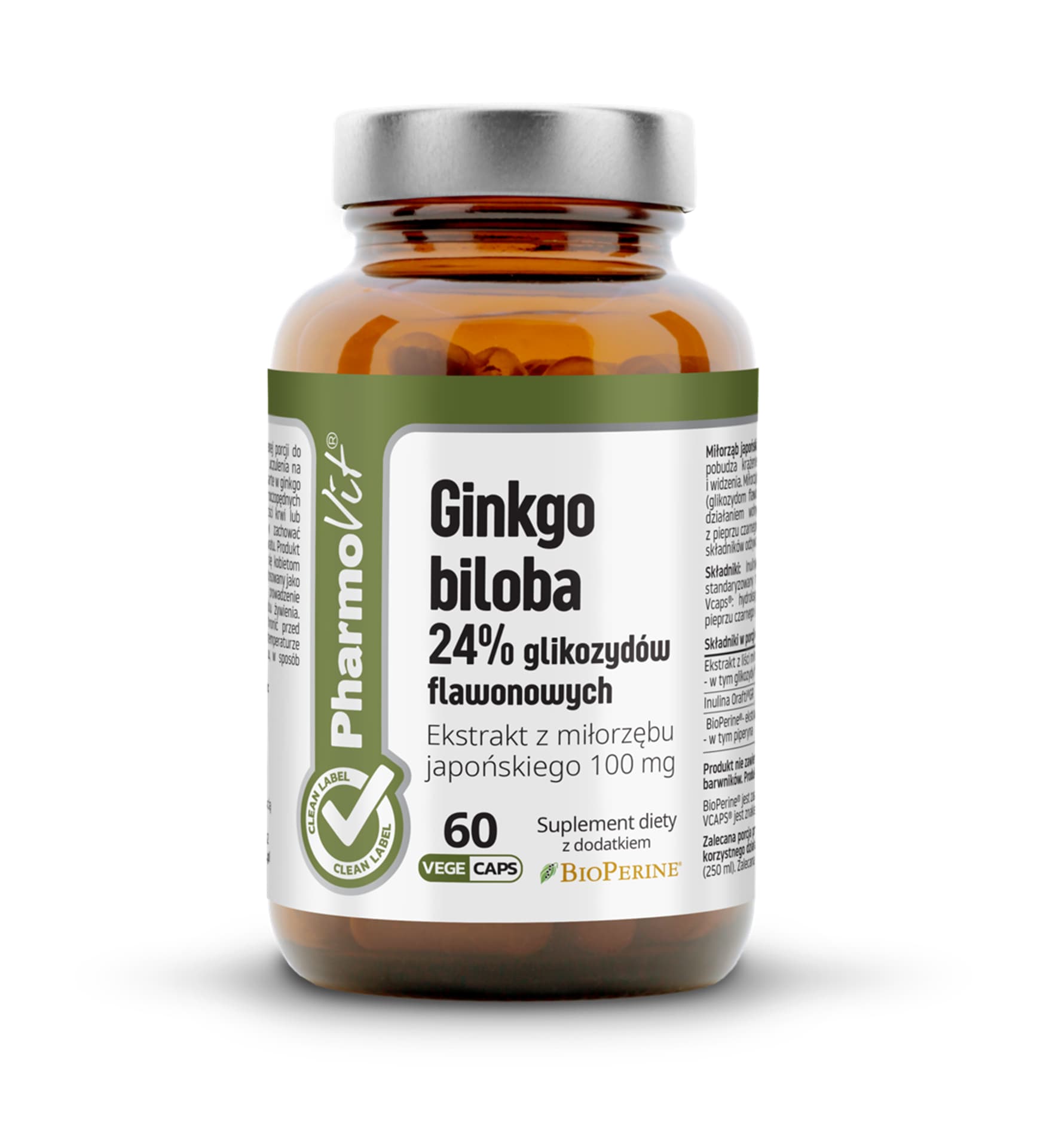 

Ginkgo biloba 24% glikozydów flawonowych Ekstrakt z miłorzębu japońskiego 100 mg- 60 kapsułek Vcaps® PharmoVit