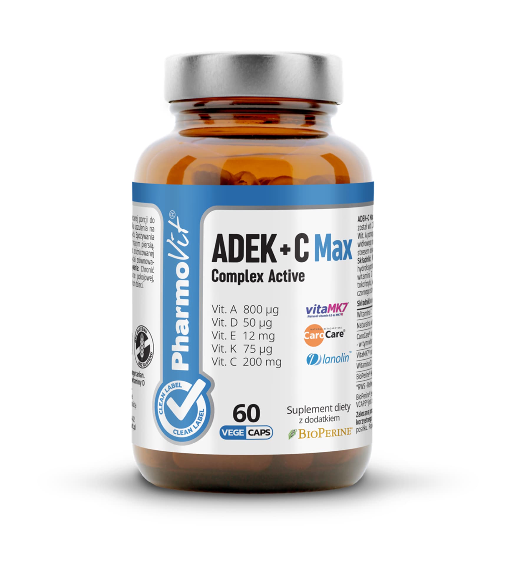 

ADEK+C Max Complex Active Vit. A 800 µg; Vit. D 50 µg; Vit. E 12mg; Vit. K 75 µg; Vit. C 200mg - 60 kapsułek Vcaps® PharmoVit