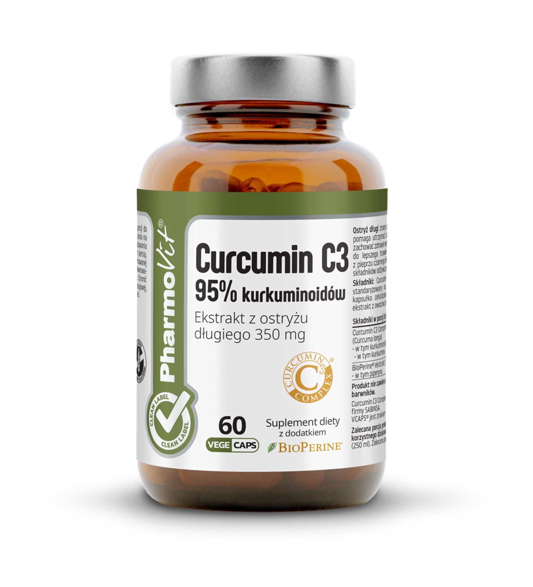 

Curcumin C3 95% kurkuminoidów Ekstrakt z ostryżu długiego 350 mg - 60 kapsułek Vcaps® PharmoVit