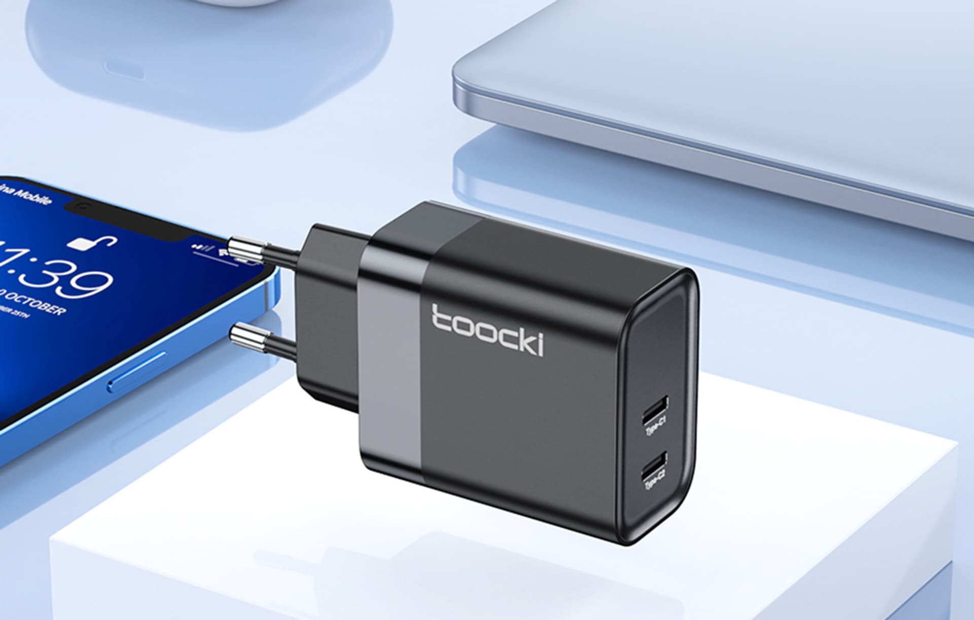 

Ładowarka sieciowa Toocki 2xUSB-C, GaN 45W (czarna)