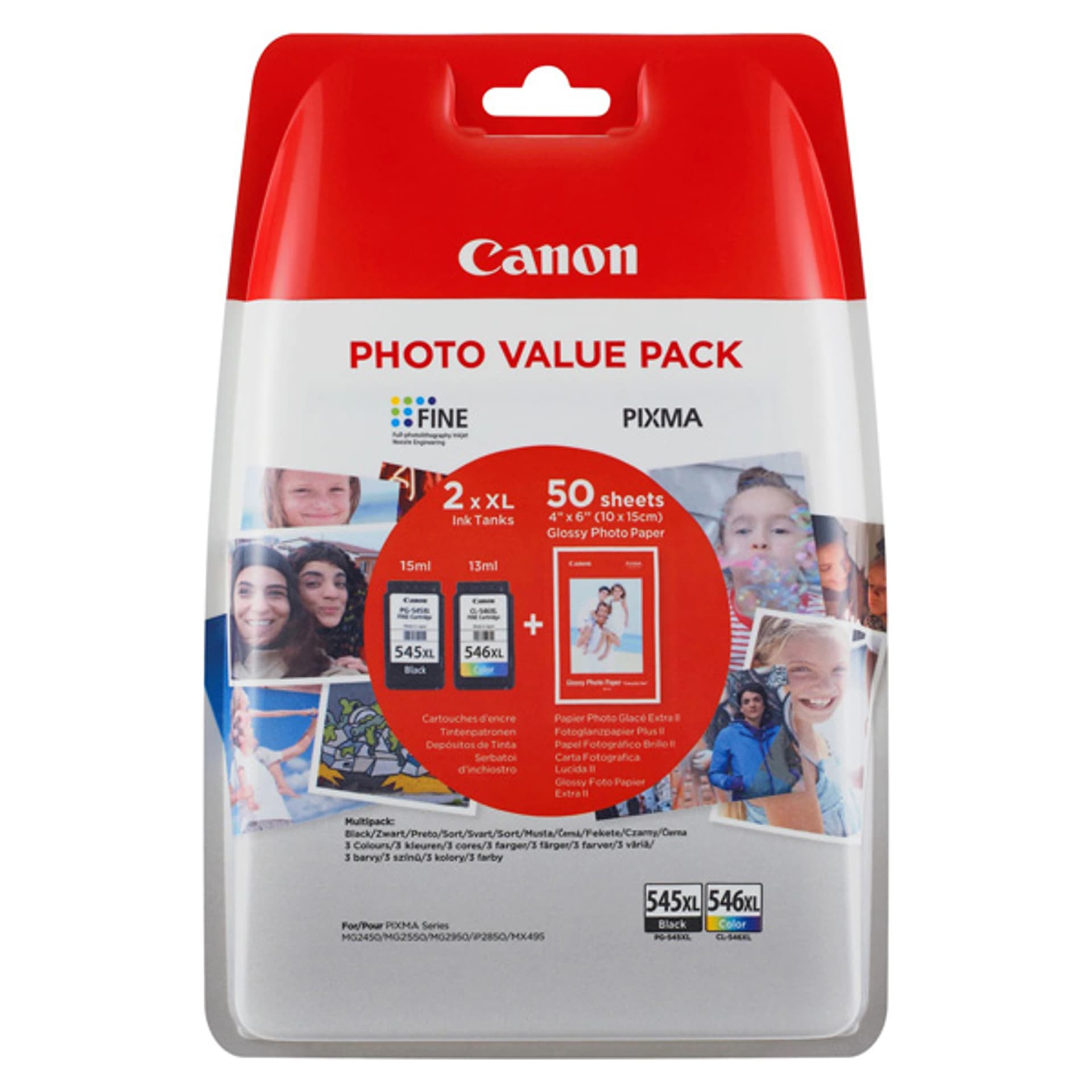 

Canon oryginalny ink / tusz PG-545XL/CL-546XL photo value pack, black/color, 8286B007, Canon 2-pack + paper PIXMA MG2450, MG2555,