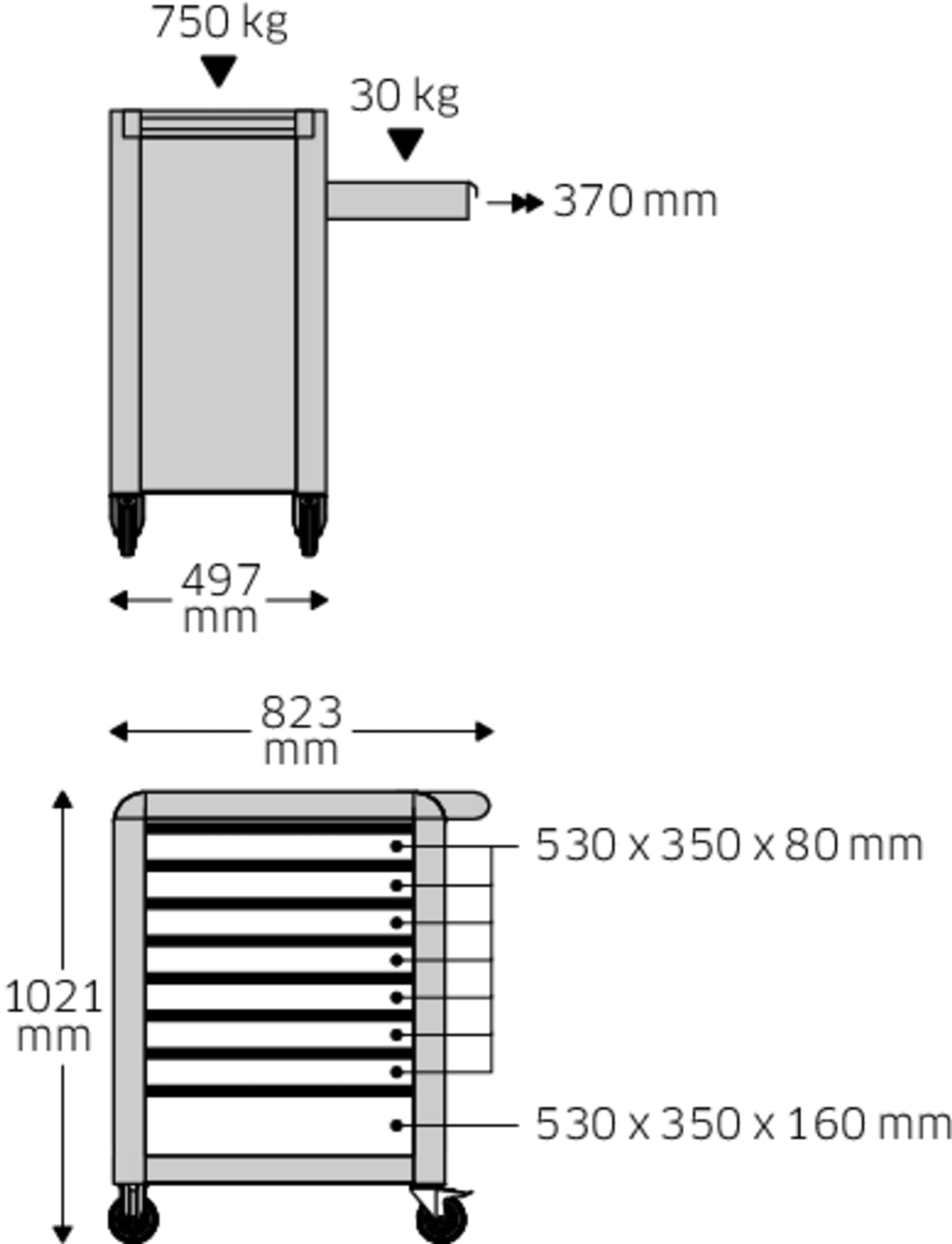 

Wózek warsztatowy TTS 8-szufl.nieb.z nakładkami, 1021x823x 497 mm; max obciążenie: 30kg na szufladę; 750 kg na wózek STAHLWILLE