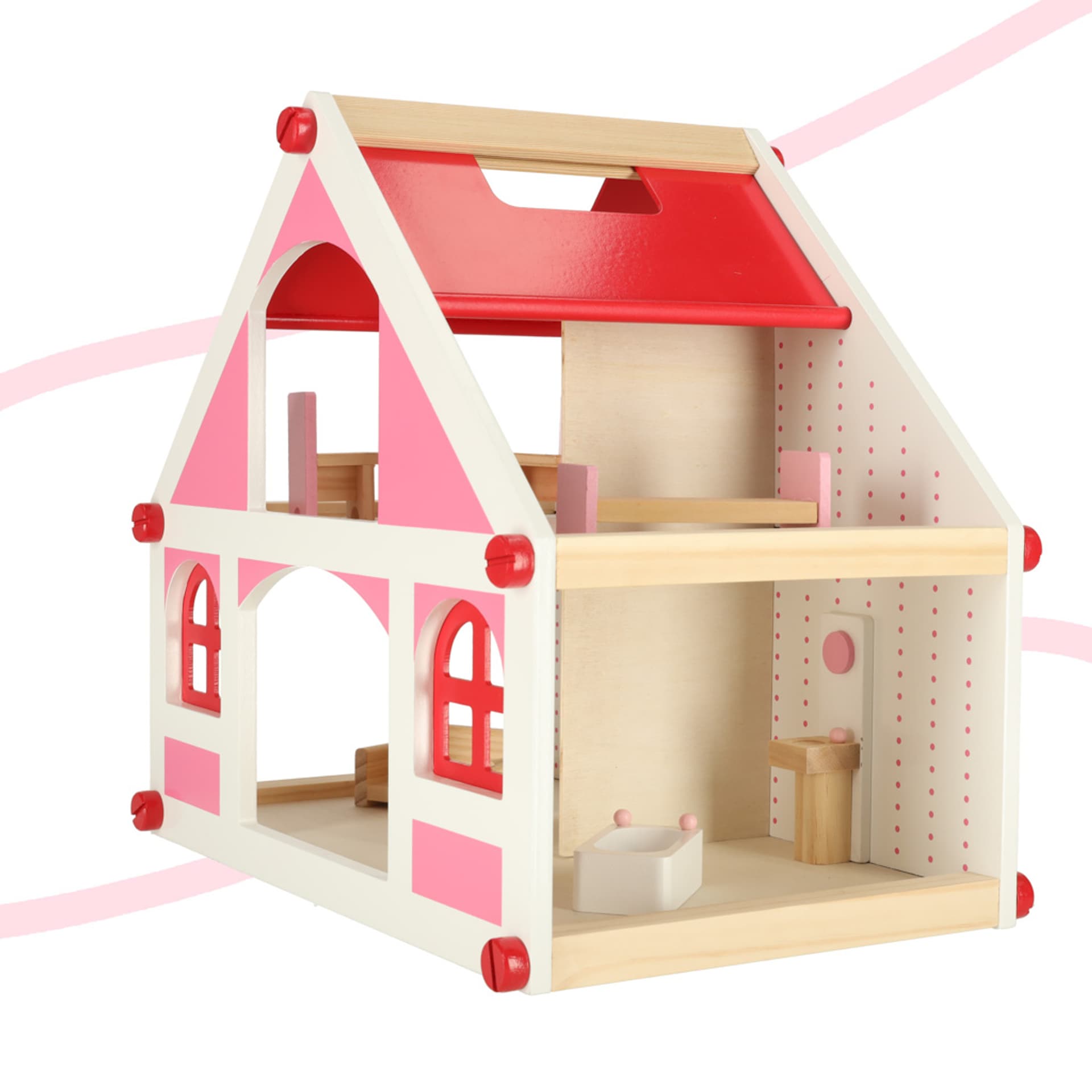 

Domek dla lalek drewniany biały różowy mebelki 36cm