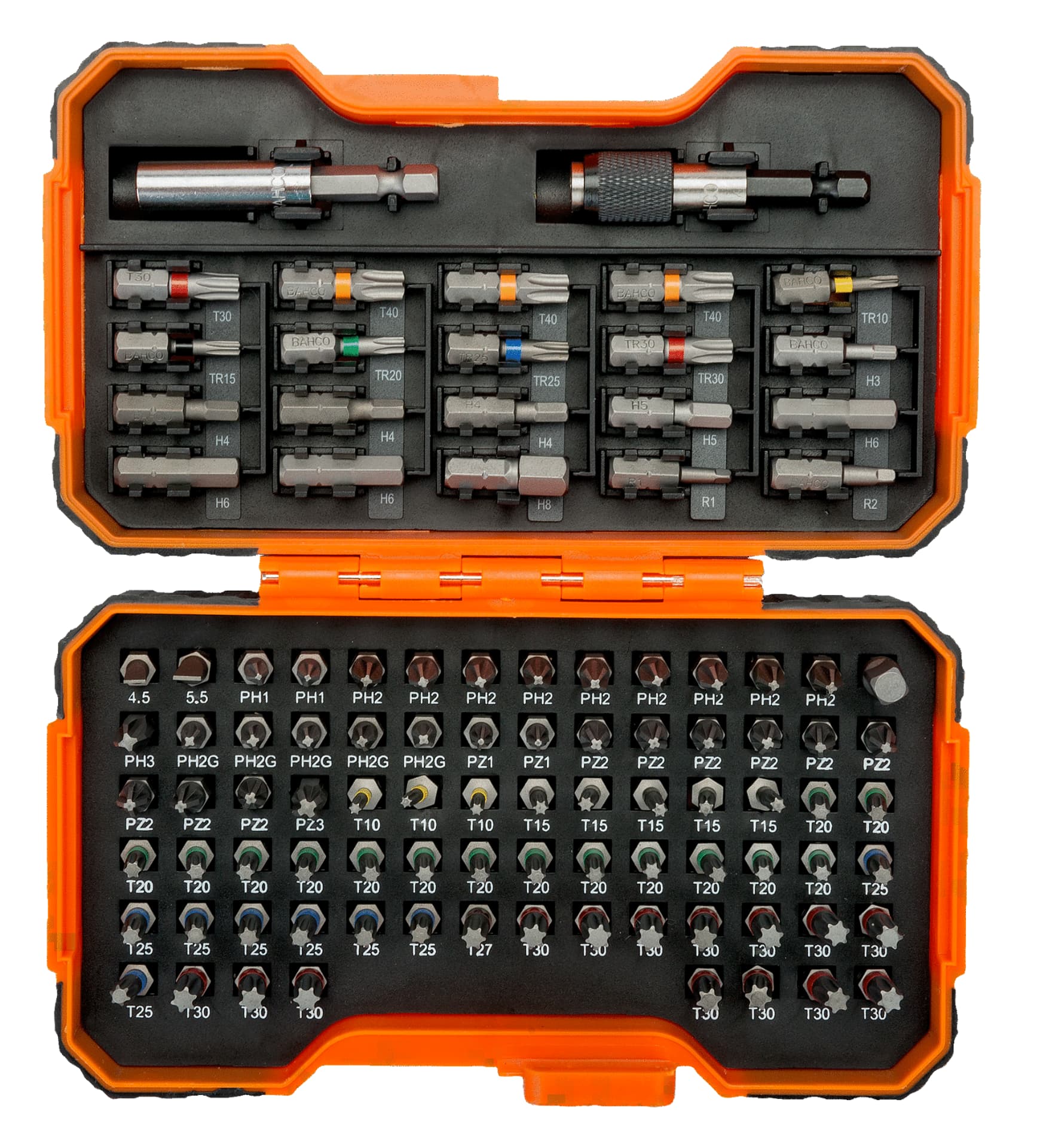 

Zestaw bitów 100 elementowy do śrub prostych, imbusowych, Phillips, Pozidriv, Robertson, TORX oraz TORX z otworem BAHCO