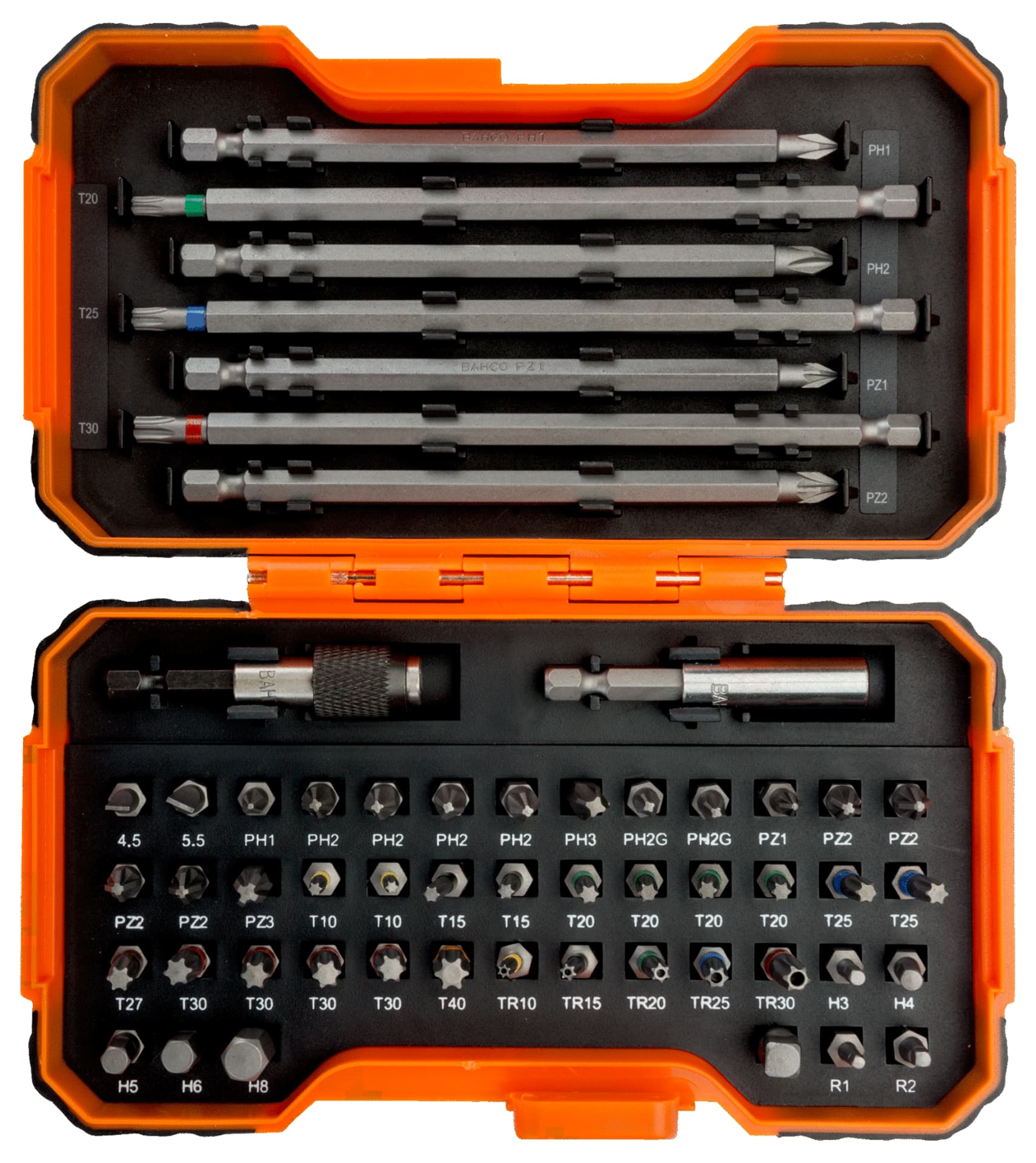 

Zestaw bitów 54 szt. sześciokątne, płaskie, Phillips, Pozidriv, Robertson, TORX z otworem, kolorowe TORX BAHCO