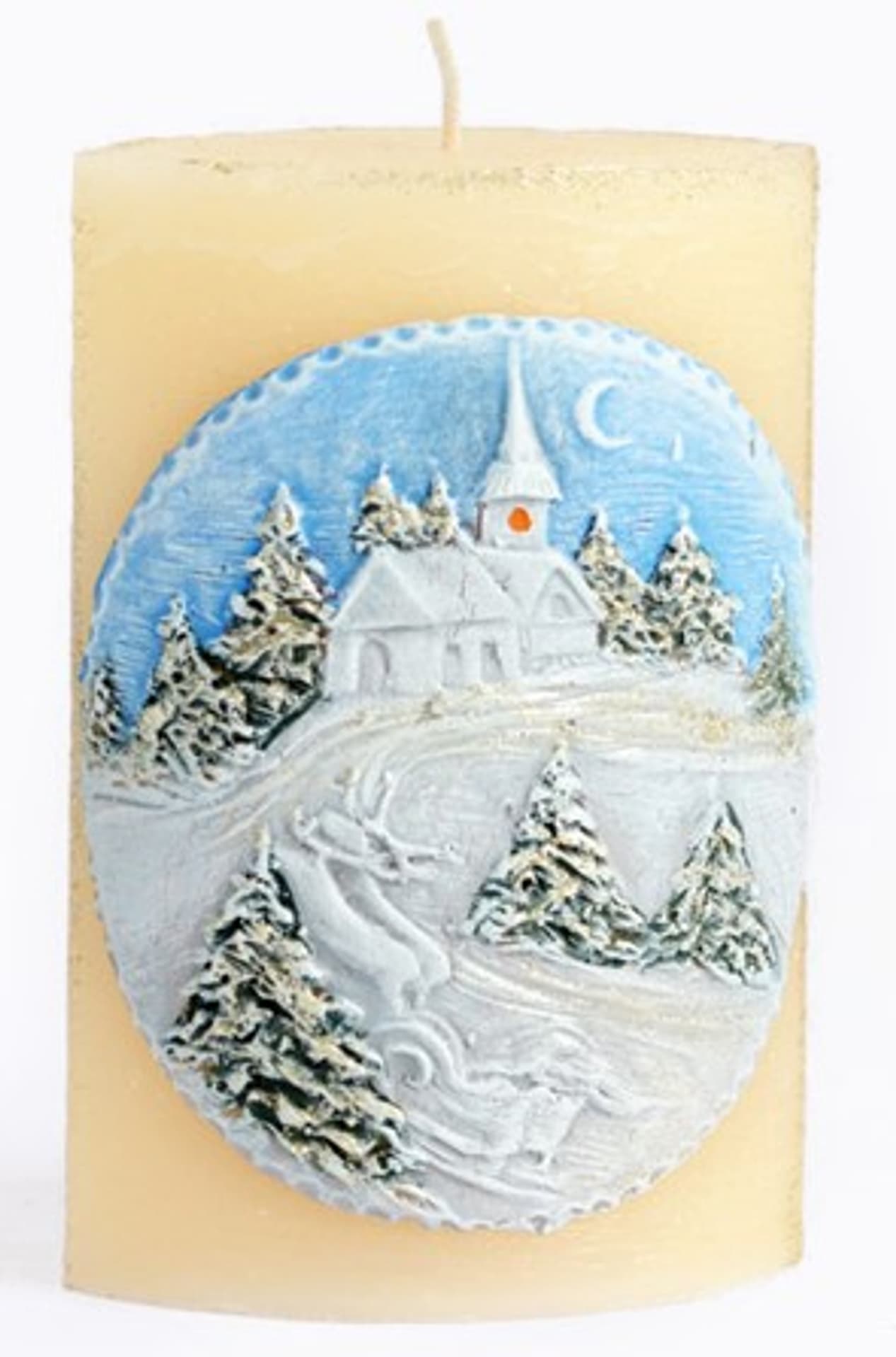 

Świeca PEJZAŻ ZIMOWY Elipsa 10x6,5x15cm parafinowa kremowa