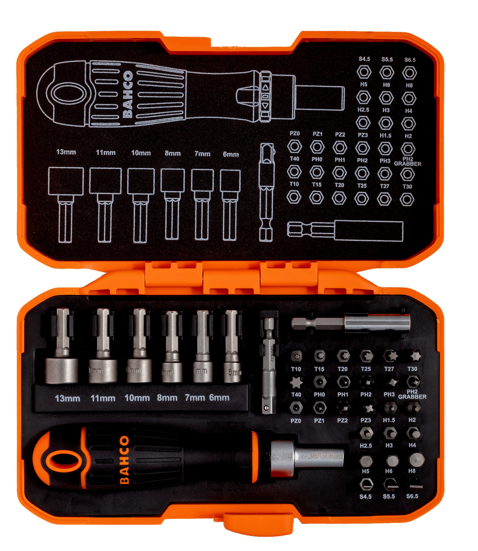 

Zestaw bitów 1/4" płaskich/Phillips/Pozidriv/TORX/sześciokątnych i uchwyt wkrętaka grzechotkowego - 36 szt. BAHCO