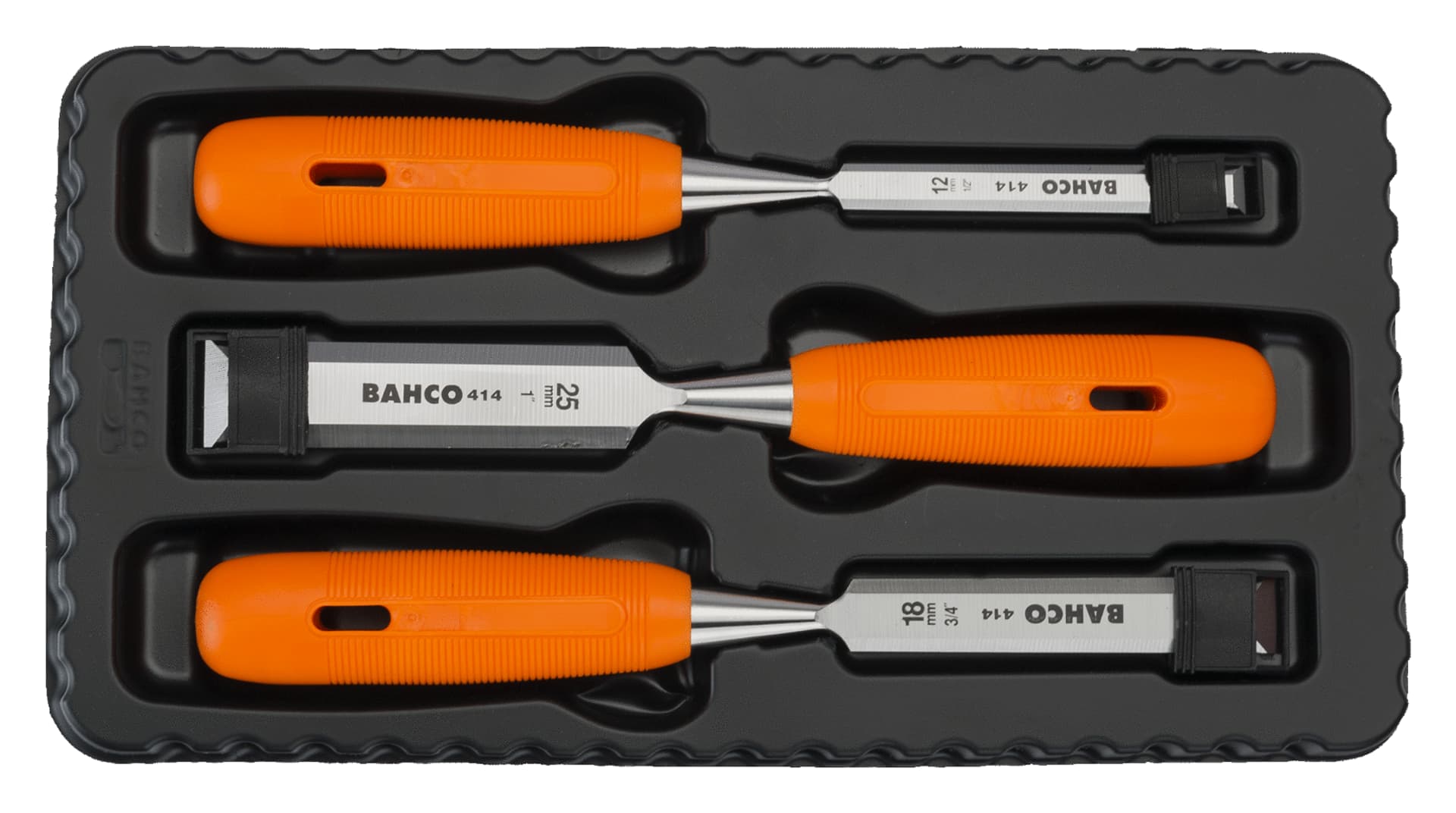 

Zestaw 3 dłut w kartonowym pudełku. Rękojeść 1 komponentowa z polipropylenu BAHCO